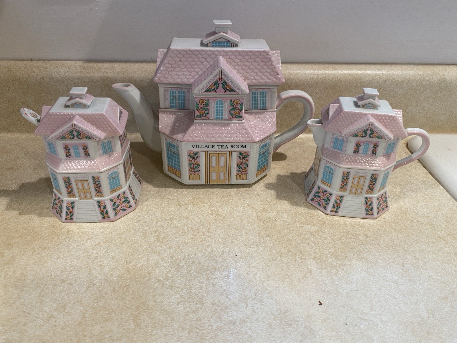 Lenox Village Tea Room Set Vintage 1991 Tea Pot, Sugar and Creamer W/Spoon