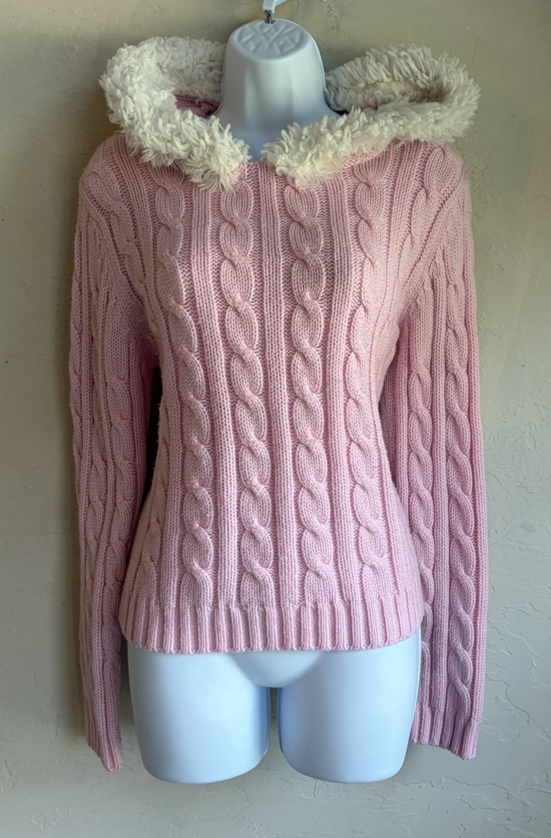 Vintage Y2K Decoded Pink Cable Knit Sweater Hoodie L Faux Fur Preppy Coquette