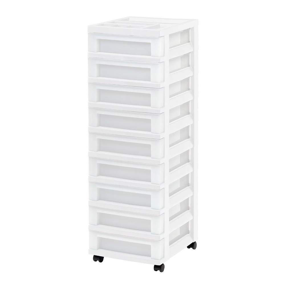 9-Drawer Plastic Storage Cart with Organizer Top, Narrow Rolling Utility Tower, 9-Drawer Plastic Storage Cart with Organizer Top, Narrow Rolling Utility Tower,