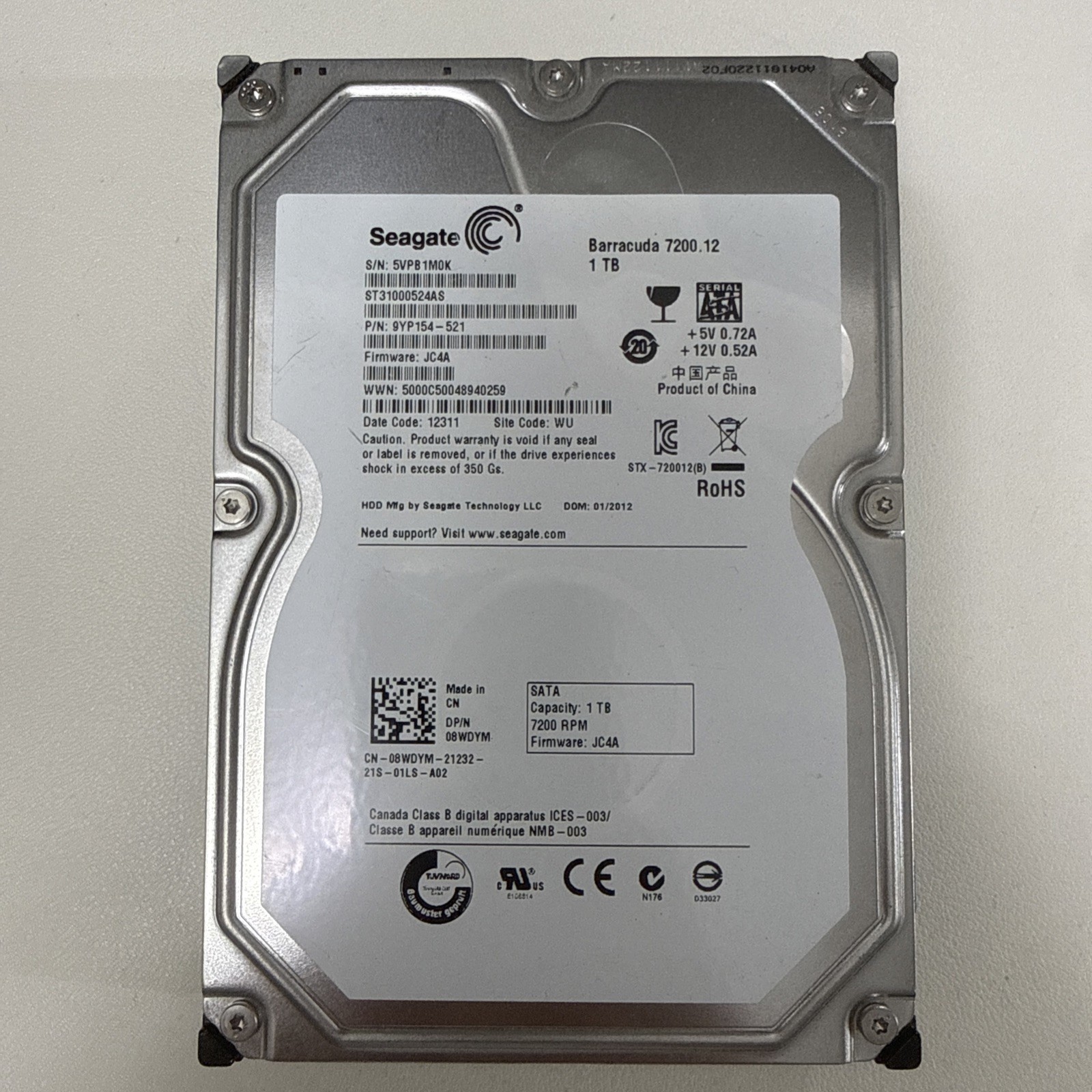 Seagate Barracuda 7200.12 1TB SATA 3.5in 7200RPM 32MB HDD ST31000524AS Seagate Barracuda 7200.12 1TB SATA 3.5in 7200RPM 32MB HDD ST31000524AS