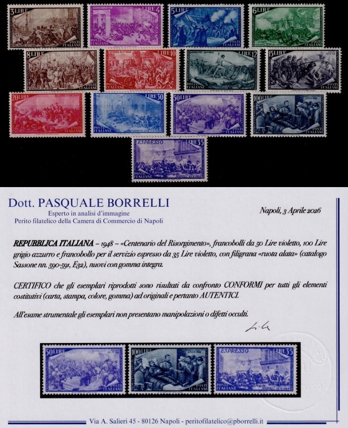 1948 - RISORGIMENTO, the COMPLETE NEW series with INTEGRAL RUBBER MNH. Certificate