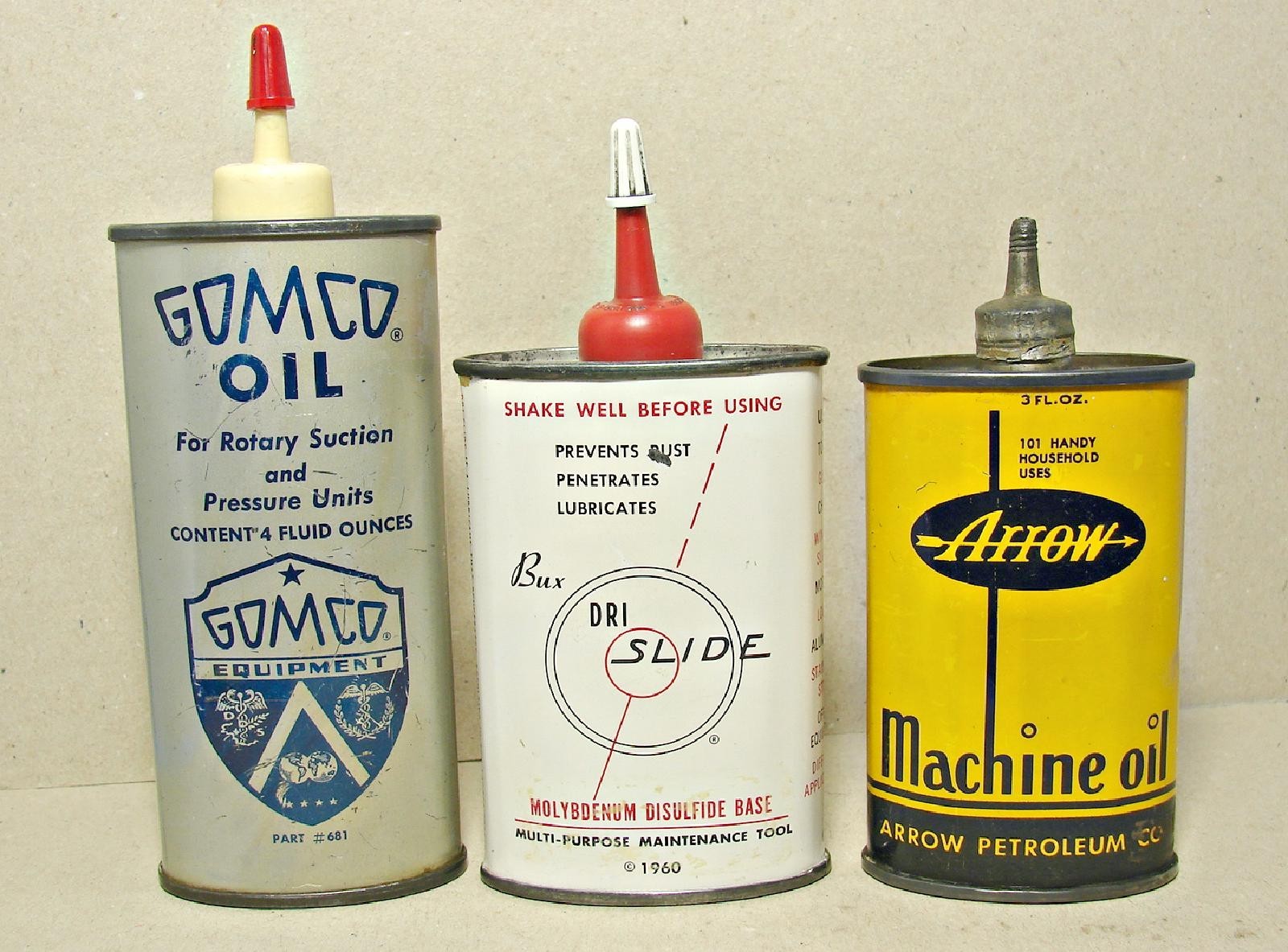 3 Vintage Handy Oil Cans Arrow Lead Spout Gomco Dri Slide Oil Tins