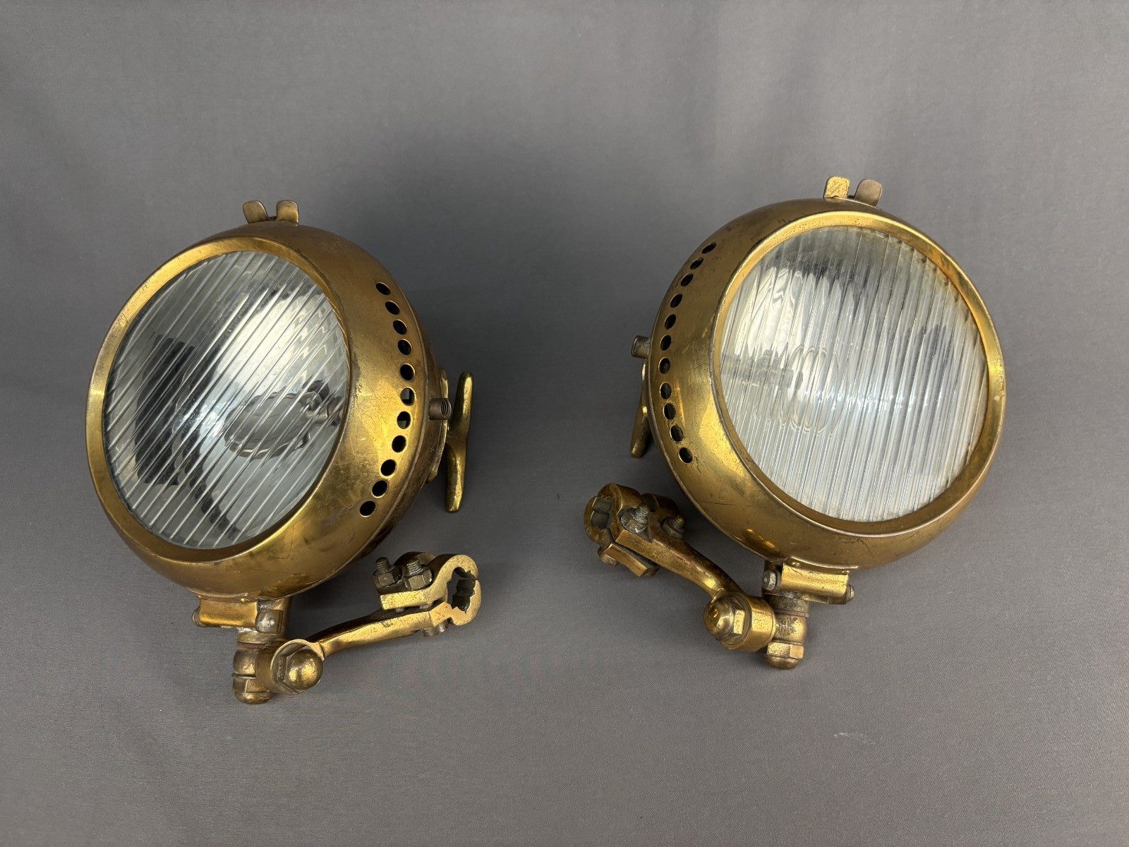 Rare Pair of Antique PHARES UNION PARIS Brass-Era Carbide Auto Headlamps c. 1905