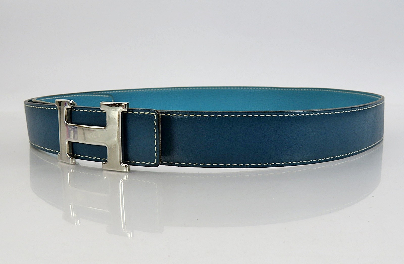 Authentic HERMES Navy/Blue Leather Reversible Belt & Silvertone H Buckle #64253