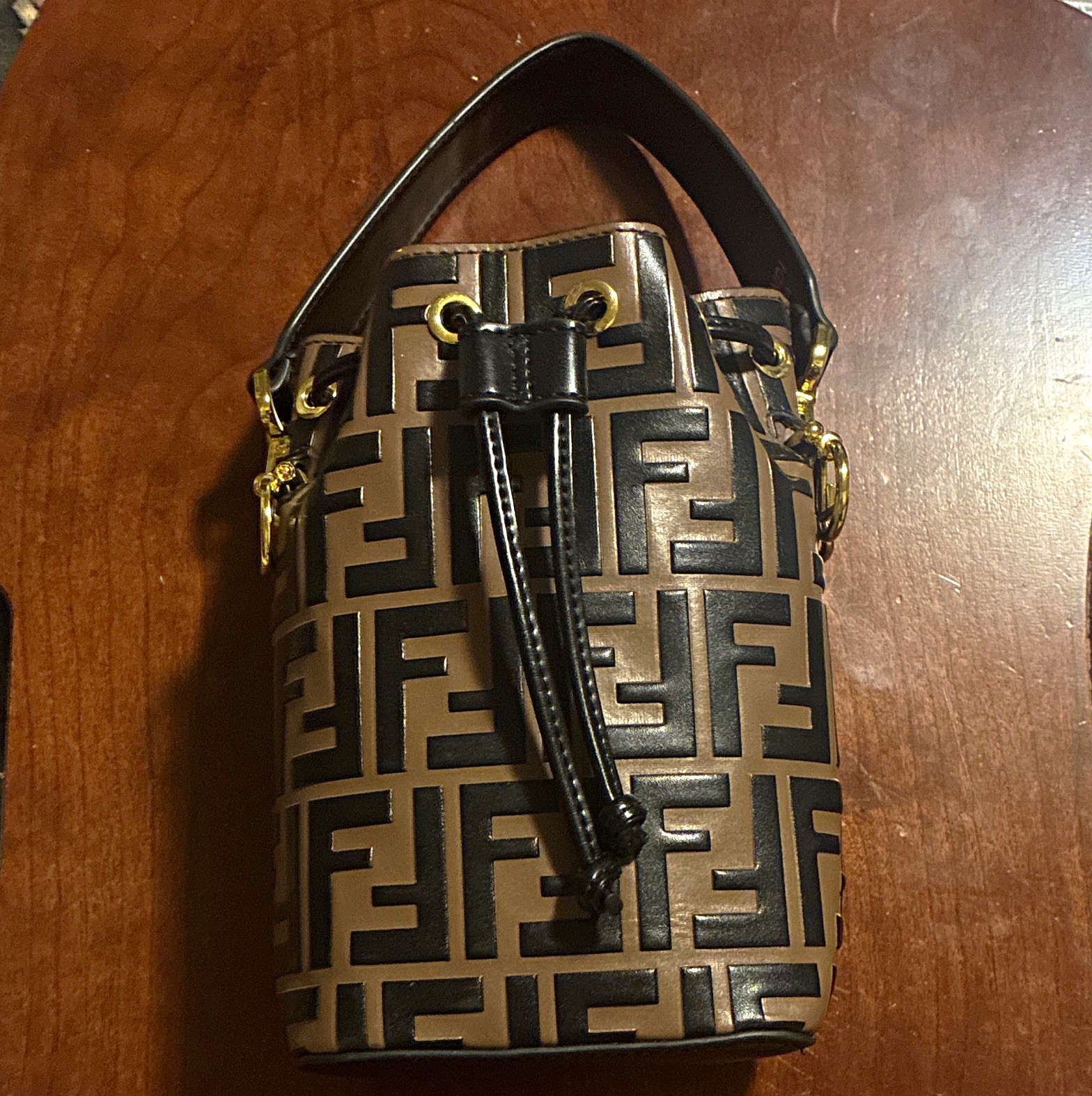 Fendi Zucca FF Logo Brown/Black Bucket Drawstring Top Handle Bag Gold HW
