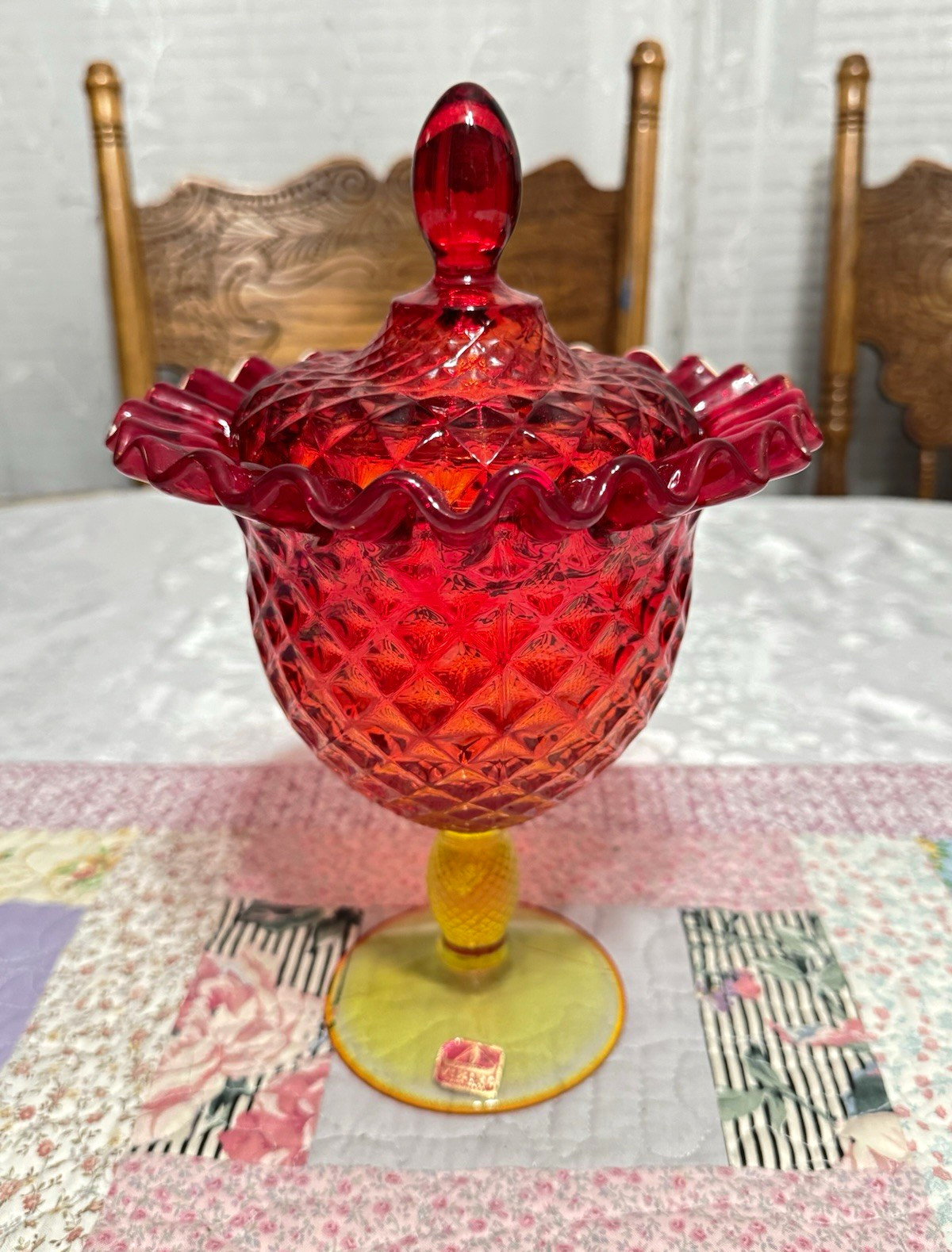 Viking Glass Yesteryear Ruby Amberina Lidded Candy Dish UV Glow Vintage