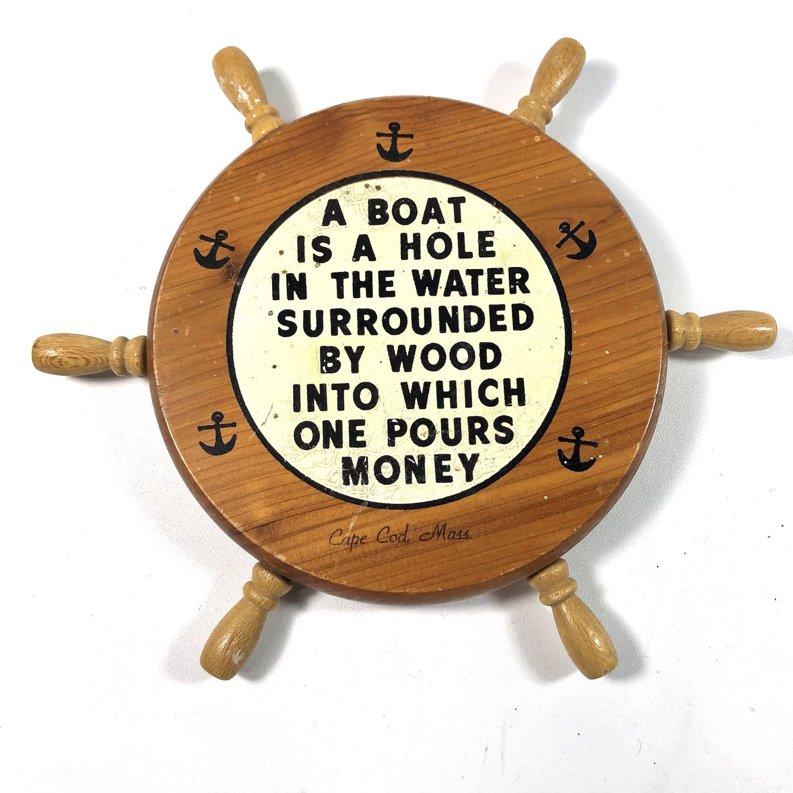 Vintage Wooden Wall Hanging Sailboat Ship Wheel 7.5in Funny Expression Idiom
