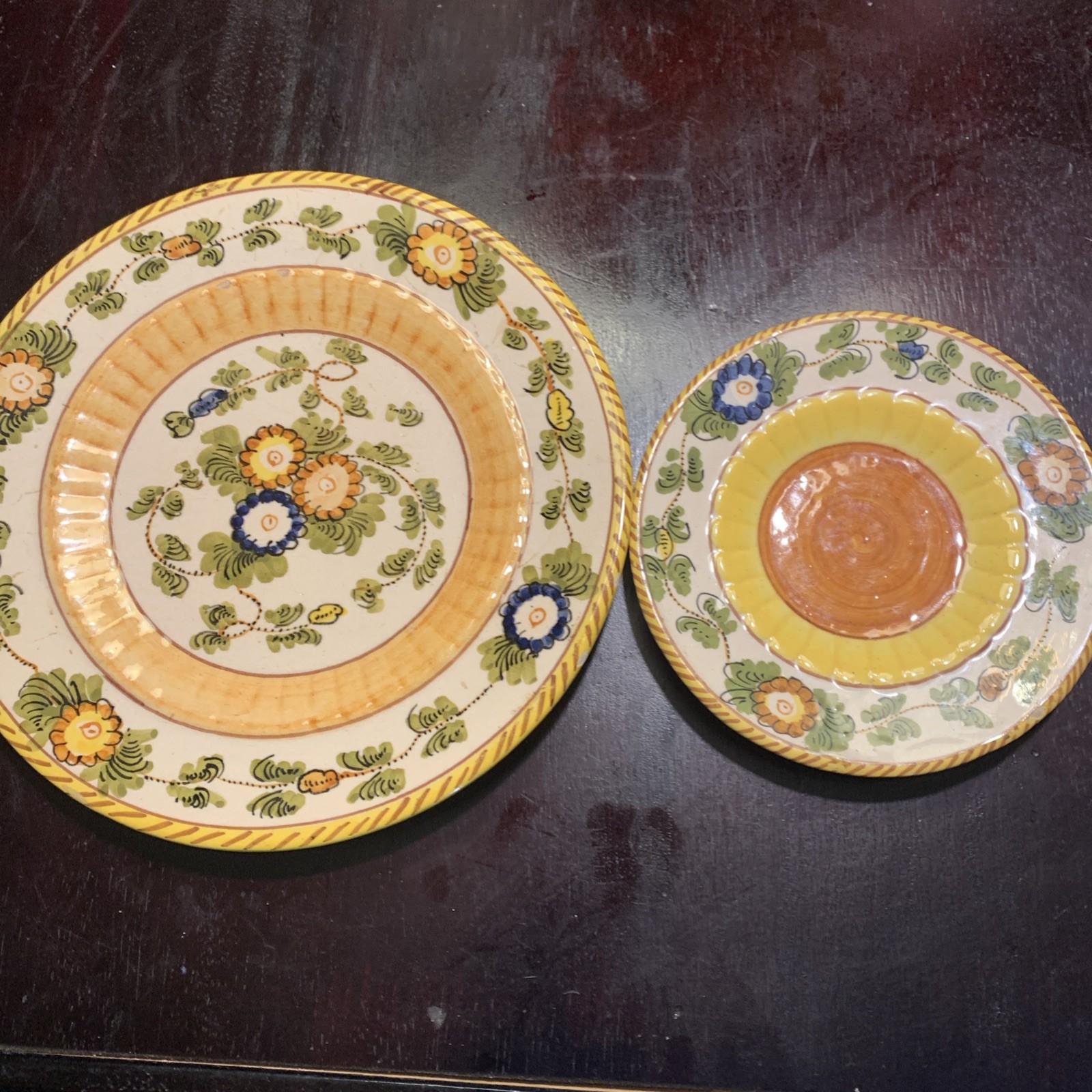 VTG  Italian Majolica SACA Castelli Hand Painted Ceramic Plate & Saucer Set of 2