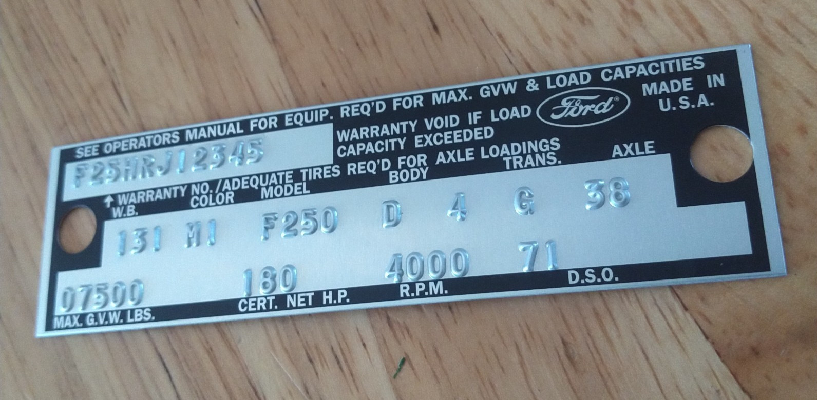 New 1968 1972 Ford Warranty Body ID Number Plate Data Door Tag F100 Bronco F250 New 1968 1972 Ford Warranty Body ID Number Plate Data Door Tag F100 Bronco F250