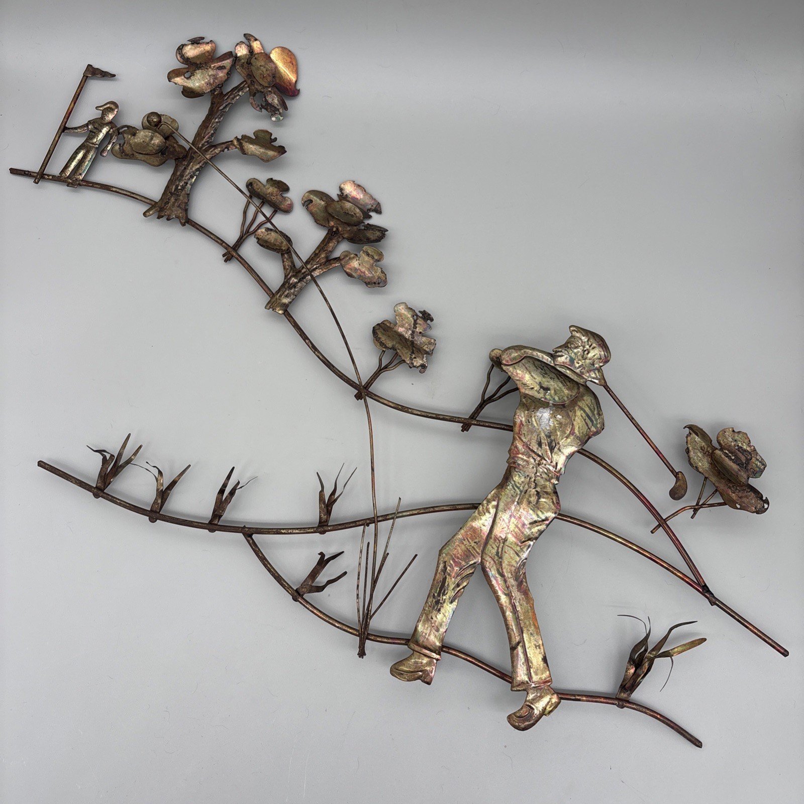 Vintage MCM Brutalist Metal Wall Sculpture Golf Scene Plated Copper Tone 30