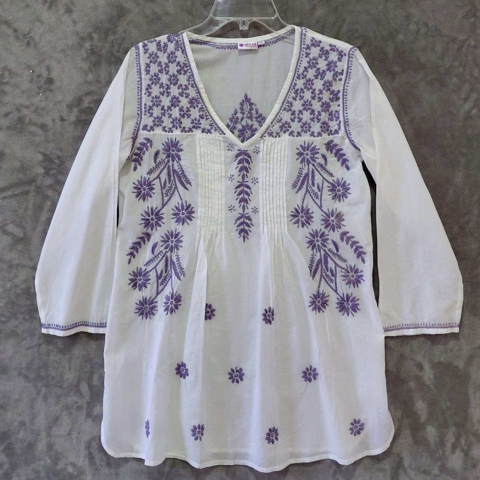 Sevya Handmade Embrodiered Cotton Tunic Women\'s Small Purple White Boho Coastal