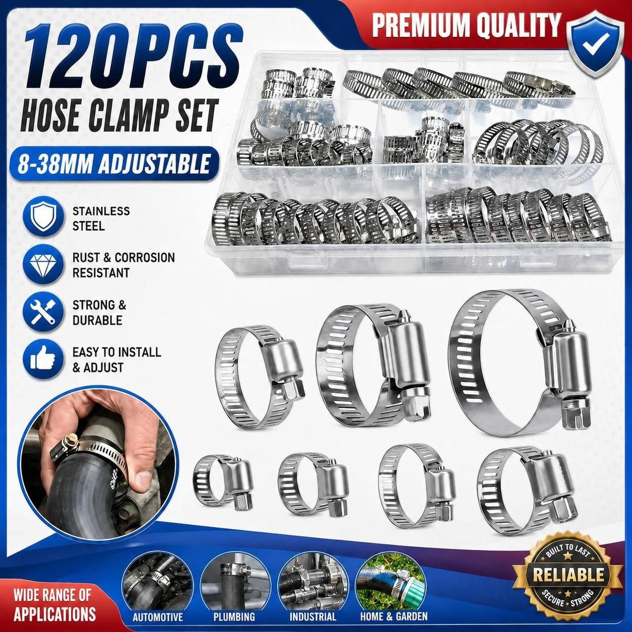 120pcs Adjustable Hose Clamps Set Worm Gear Stainless Steel Clamp Assortment Kit