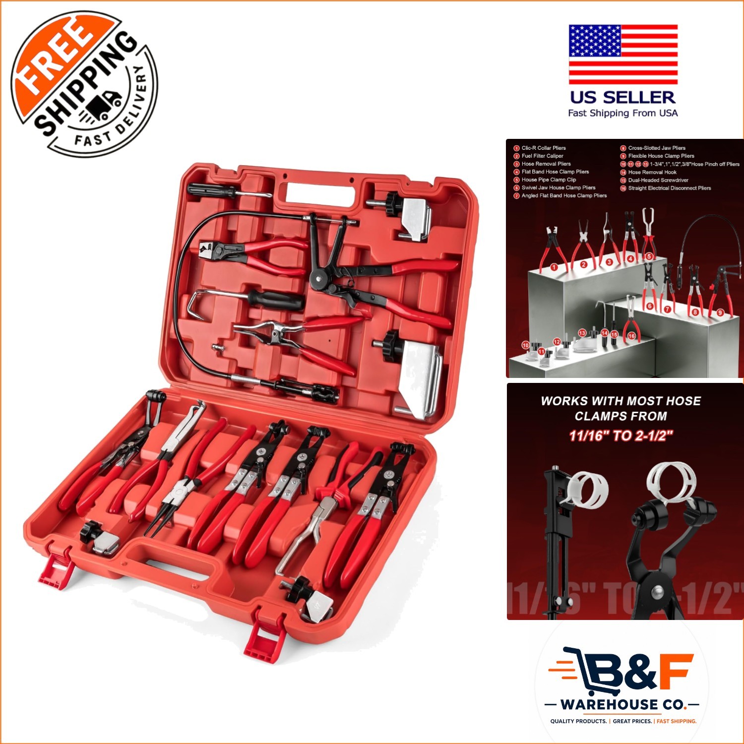 Complete 16-Piece Hose Clamp Removal Kit with Storage Case for Easy Transport