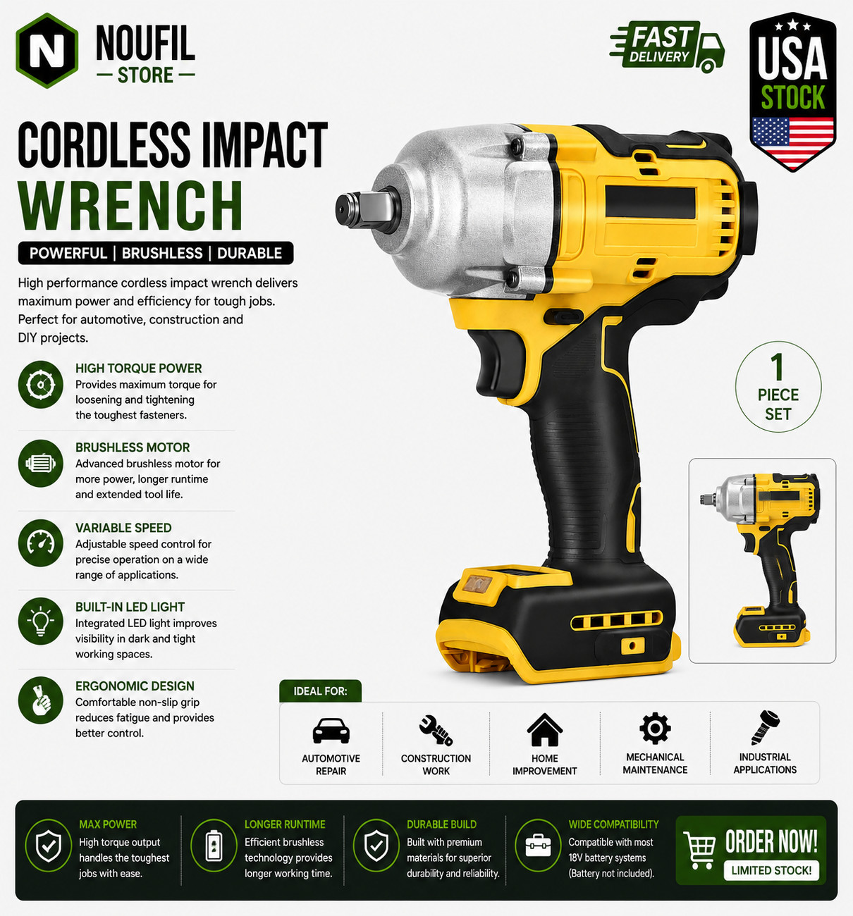 Cordless Impact Wrench 1/2 inch for Dewalt 20V Battery, 1000N.m Impact Driver Cordless Impact Wrench 1/2 inch for Dewalt 20V Battery, 1000N.m Impact Driver