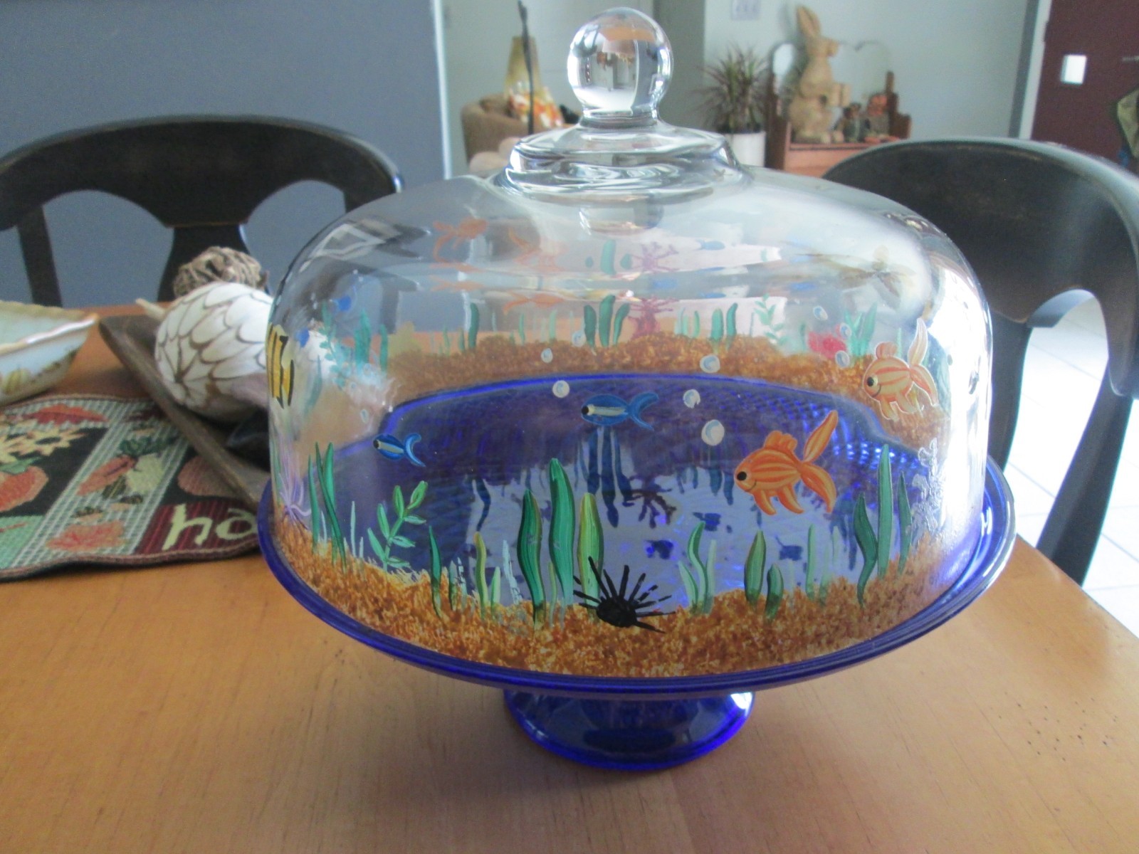 WONDERFUL HAND PAINTED NAUTICAL PEDESTAL GLASS CAKE DISH WITH DOME TOP