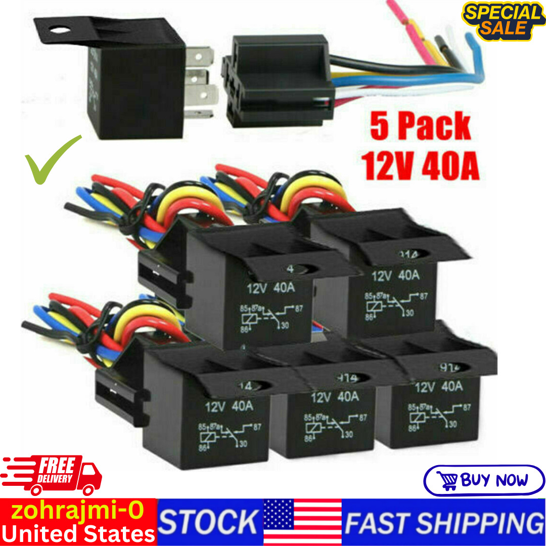 5Pcs Car 12V DC 40A 5-Pin Relay Switch Harness Socket Waterproof Automotive SPDT