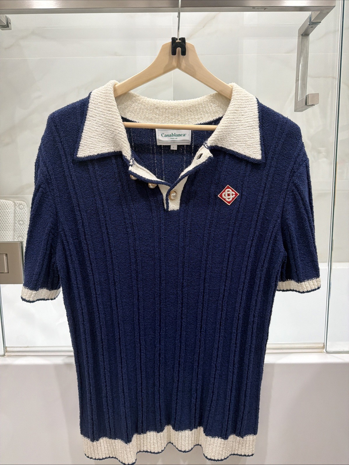 Casablanca Men’s Knit Ribbed Boucle Navy Shirt Size Large