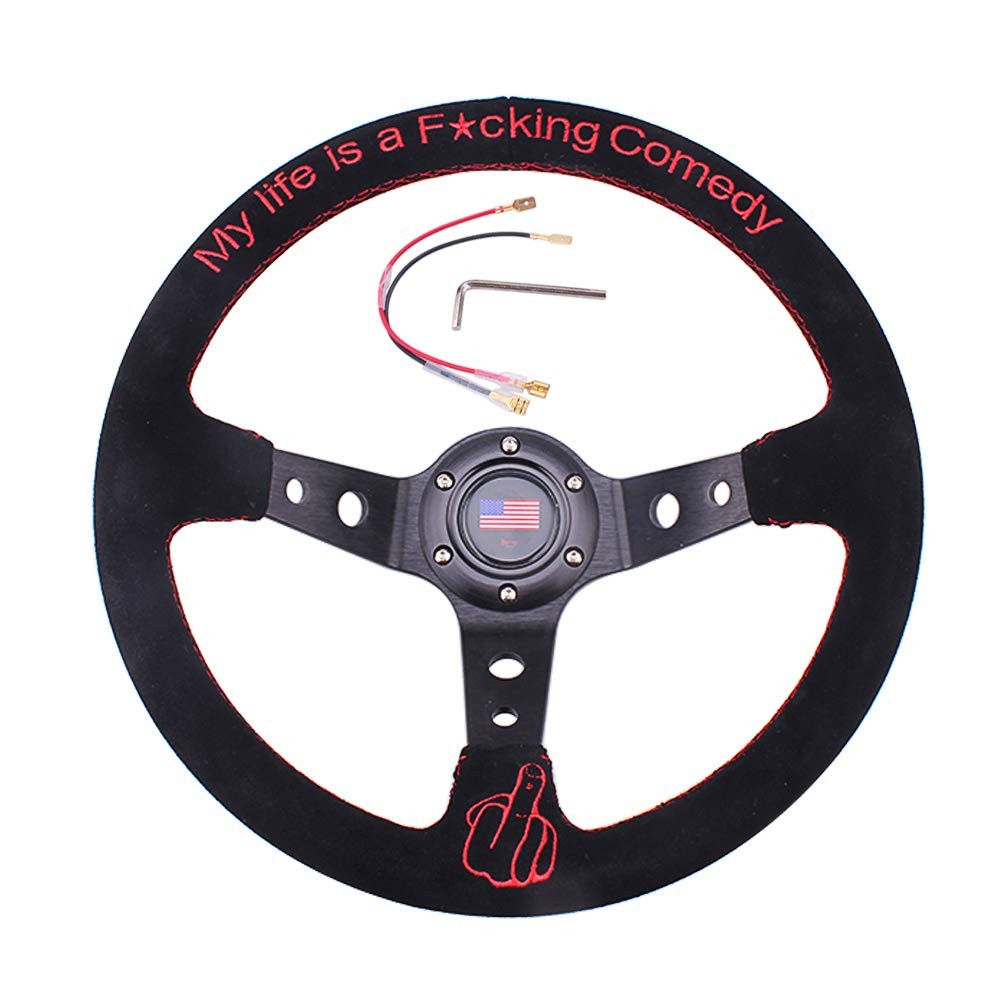 RASTP Universal Racing Steering Wheel 13.6”/345mm 6 Bolts Grip Suede Wrapped wit