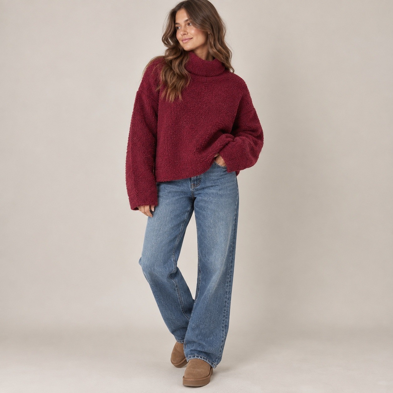 Lulus Womens Burgundy Fuzzy Knit Cropped Turtleneck Sweater Size M Wool Blend