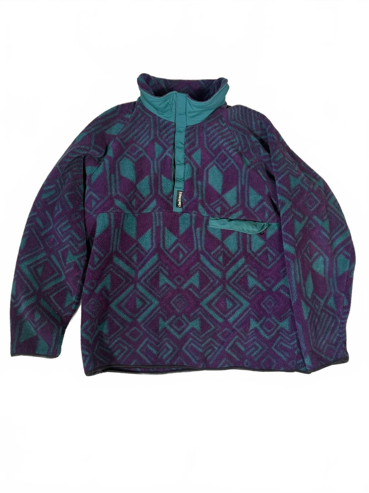 Vtg 90s Chuck Roast Fleece Pullover Snap Placket Geometric Aztec Teal Purple L