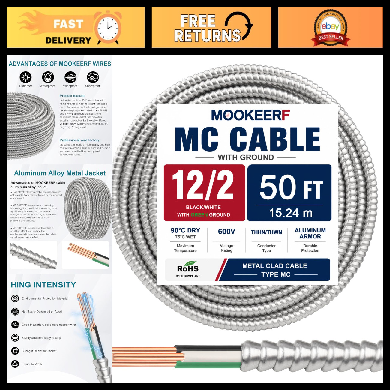 50FT 12/2 MC Cable with Ground - 12AWG Pure Copper Metal Clad Wire, 2 Conductor
