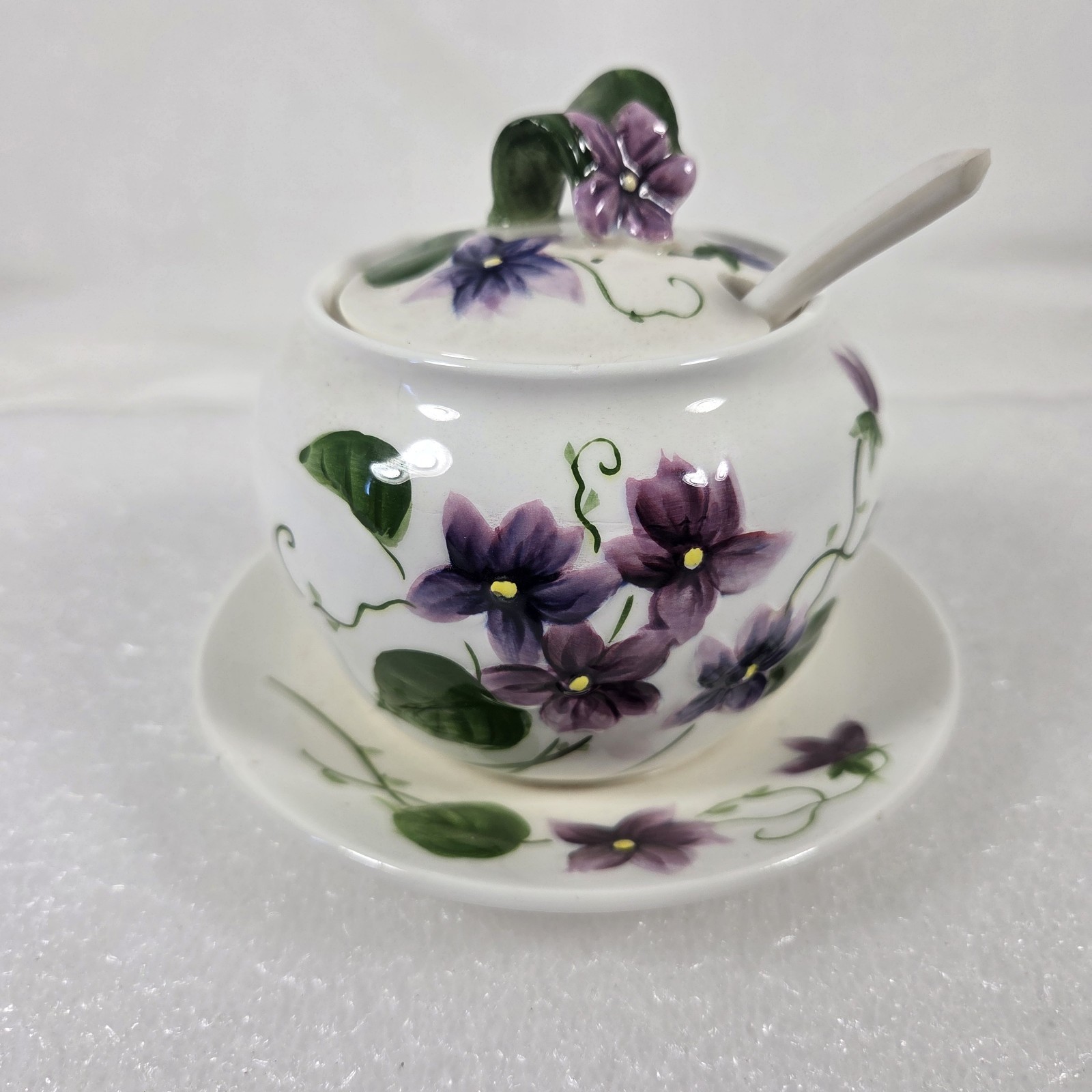 RARE Lefton Sweet Violets Jam Jelly Jar With Lid Spoon Attached Underplate 2845