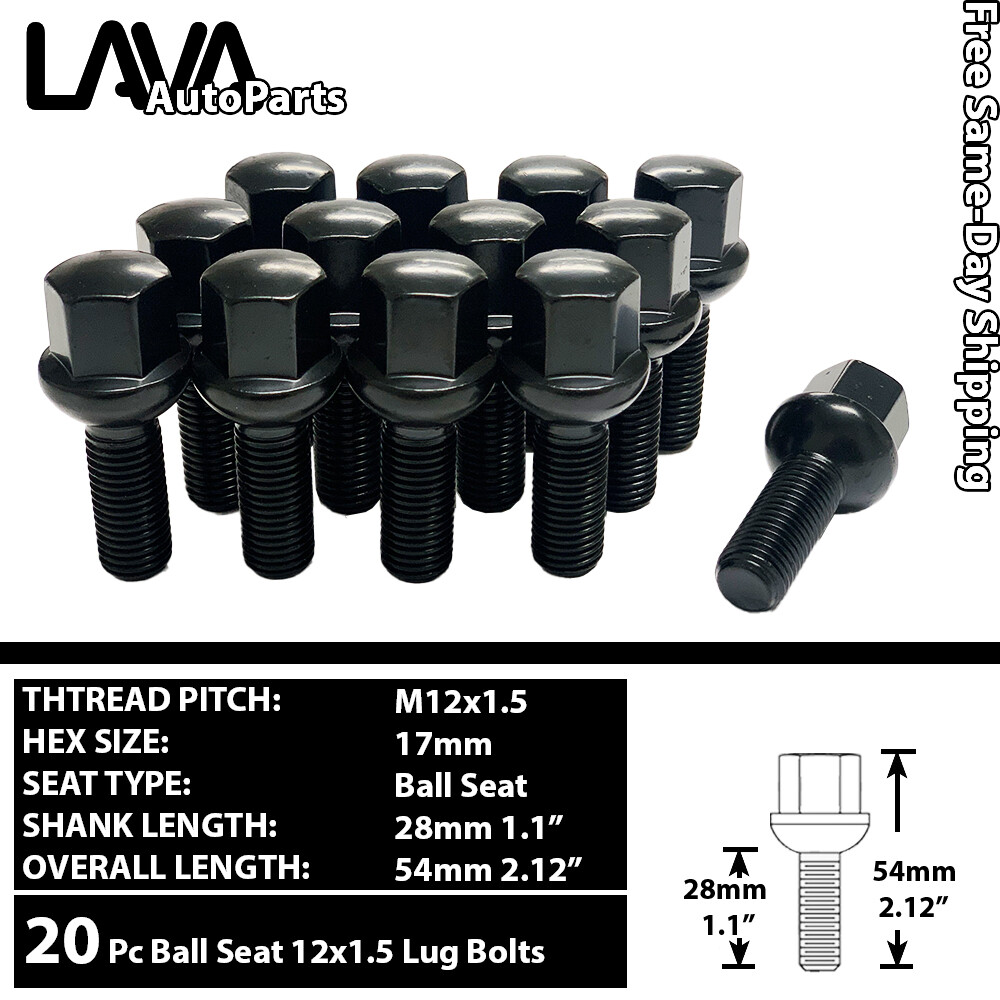 20PC BLACK 12X1.5 BALL SEAT LUG BOLT 28MM/40MM SHANK FIT MERCEDES STOCK WHEEL