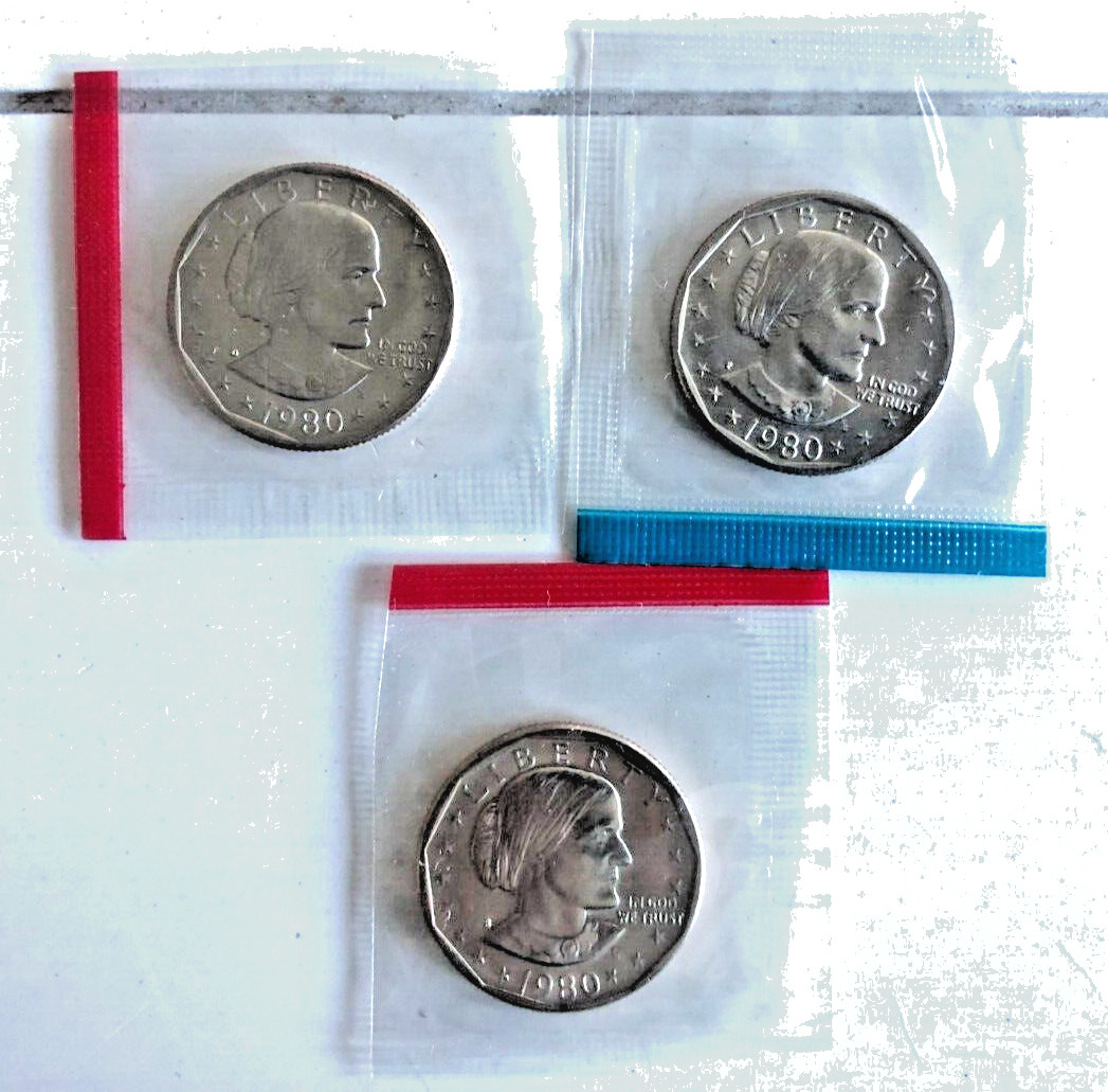 1980 P D & S Mint Cello BU UNC Susan B Anthony Dollars 3 US Coin Set BU 1980 P D & S Mint Cello BU UNC Susan B Anthony Dollars 3 US Coin Set BU
