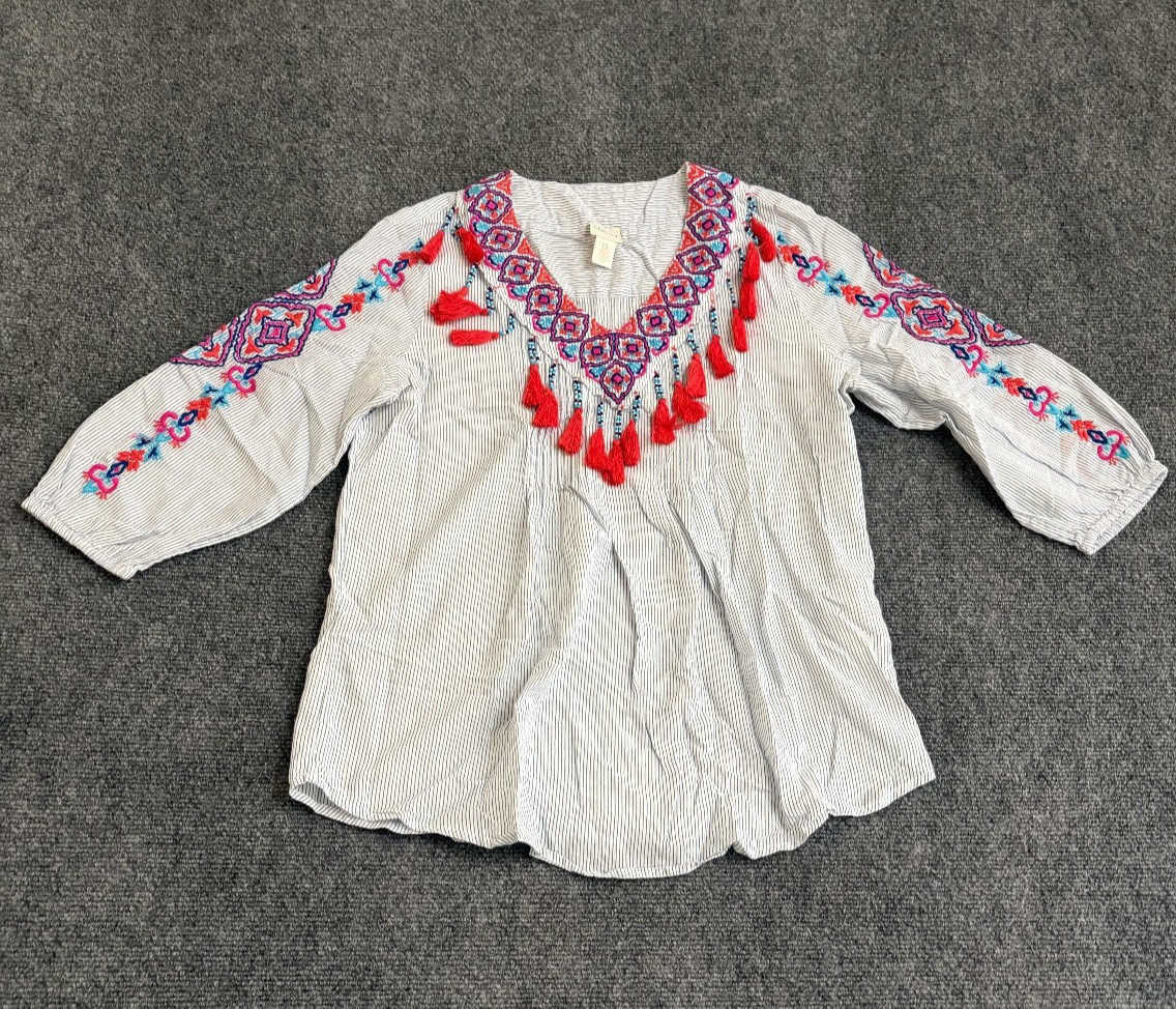 Chicos Womens White Pinstriped Tassel Trim Embroidered Boho Festival Top Size 0 Chicos Womens White Pinstriped Tassel Trim Embroidered Boho Festival Top Size 0