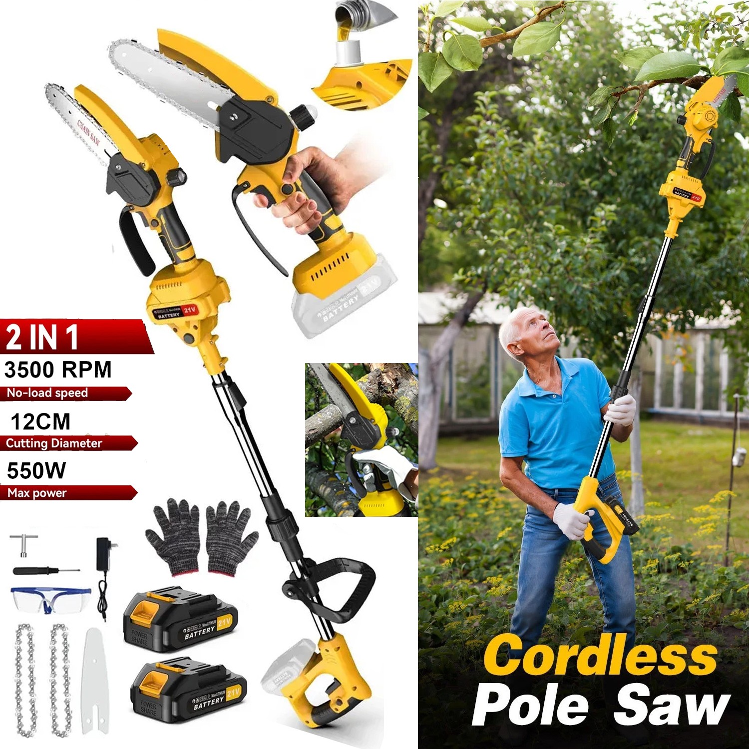 NEW 2 in 1 Cordless Pole Saw & Mini Chainsaw 6 inch Brushless Electric Chain Saw