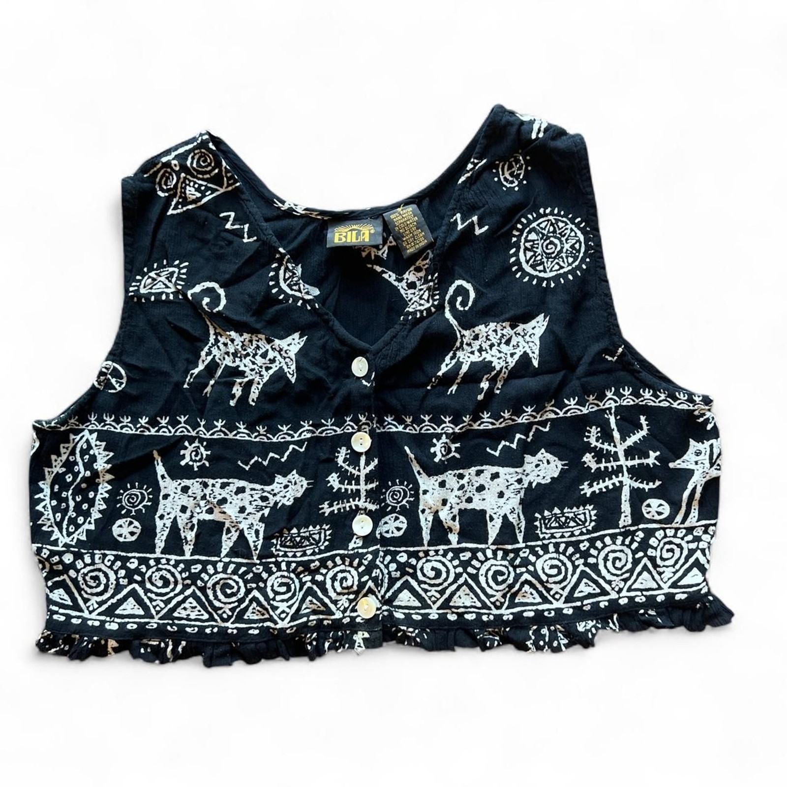 Vintage 90s Bila Black Novelty Cat Sun Print Cropped Button Up Tank Top Vest S