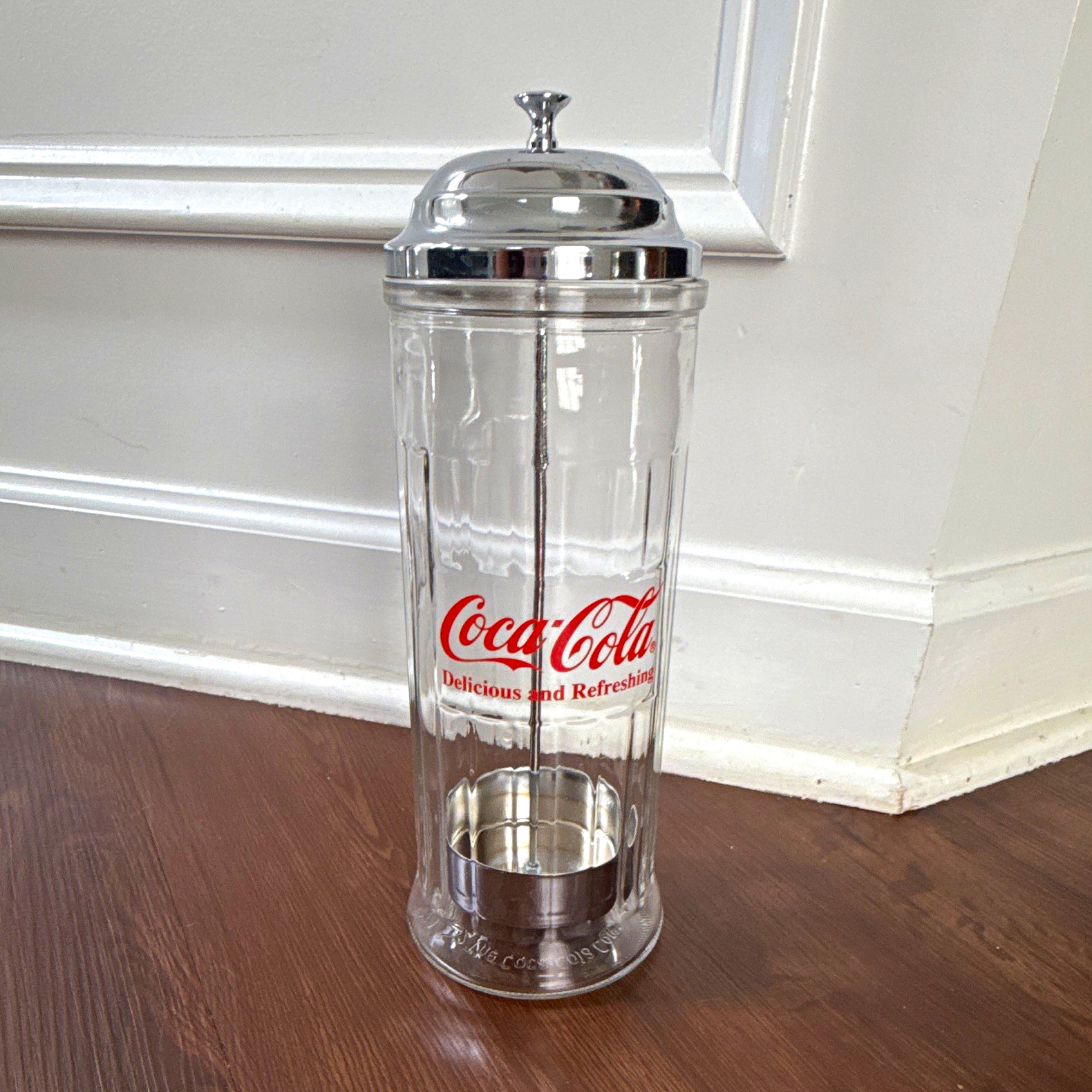 Vintage 1992 Coca-Cola Glass Straw Dispenser Chrome Lid Diner Coke Collectible