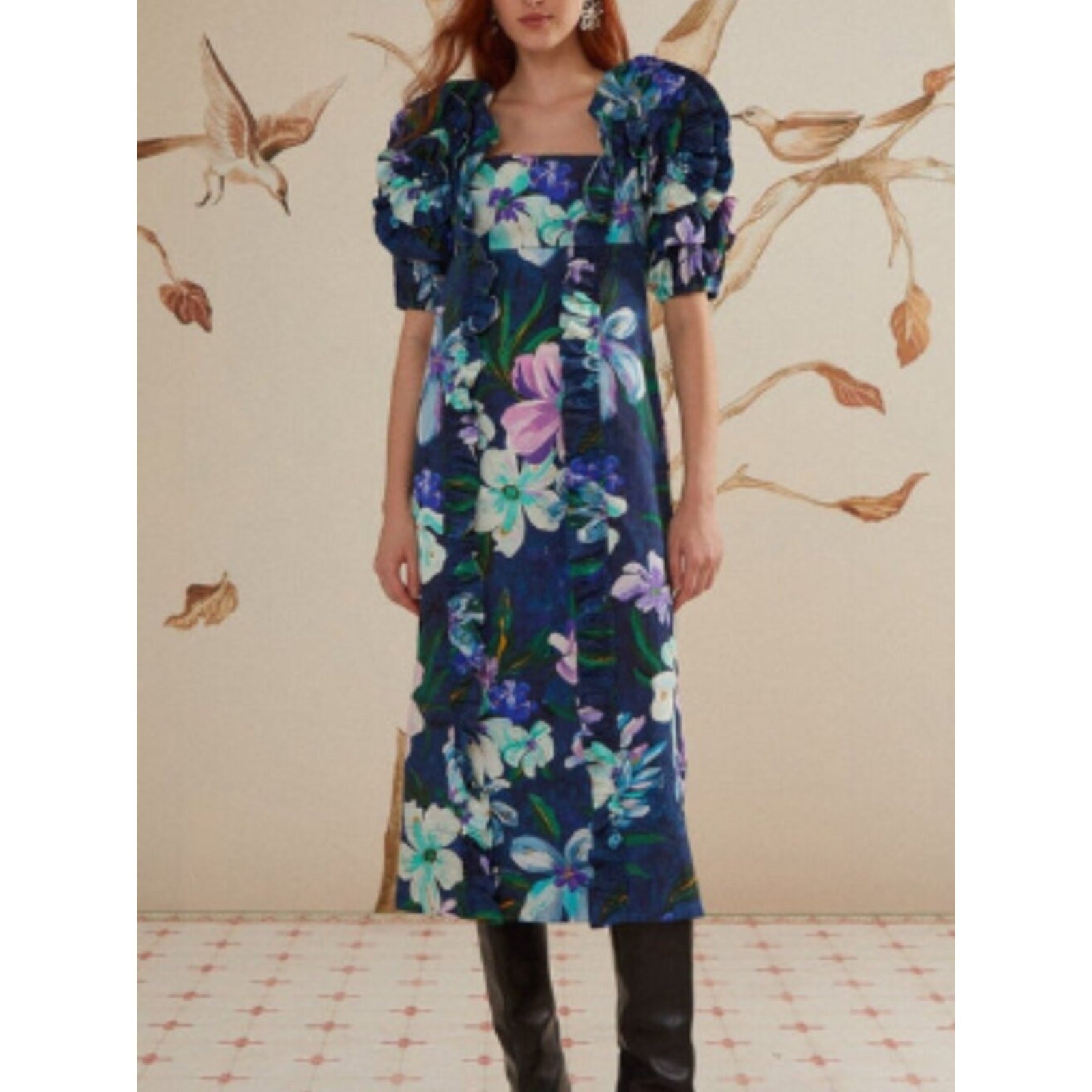 NWT FARM Rio Floraline Ruffle Midi Dress Blue Purple Floral Cotton Size S