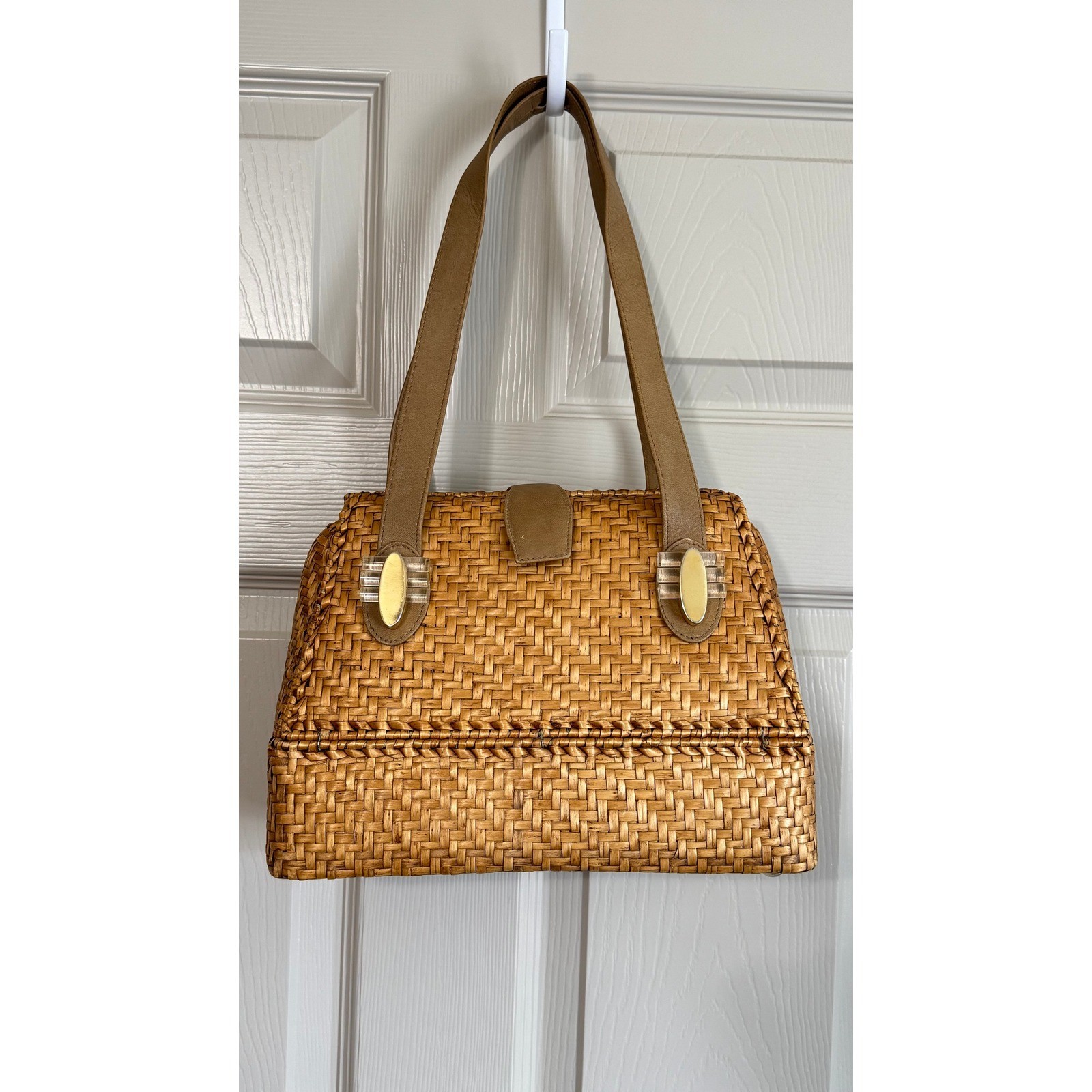 Vintage Rodo Woven Straw Handbag Tan Basketweave Lucite Gold Accents Boho Summer