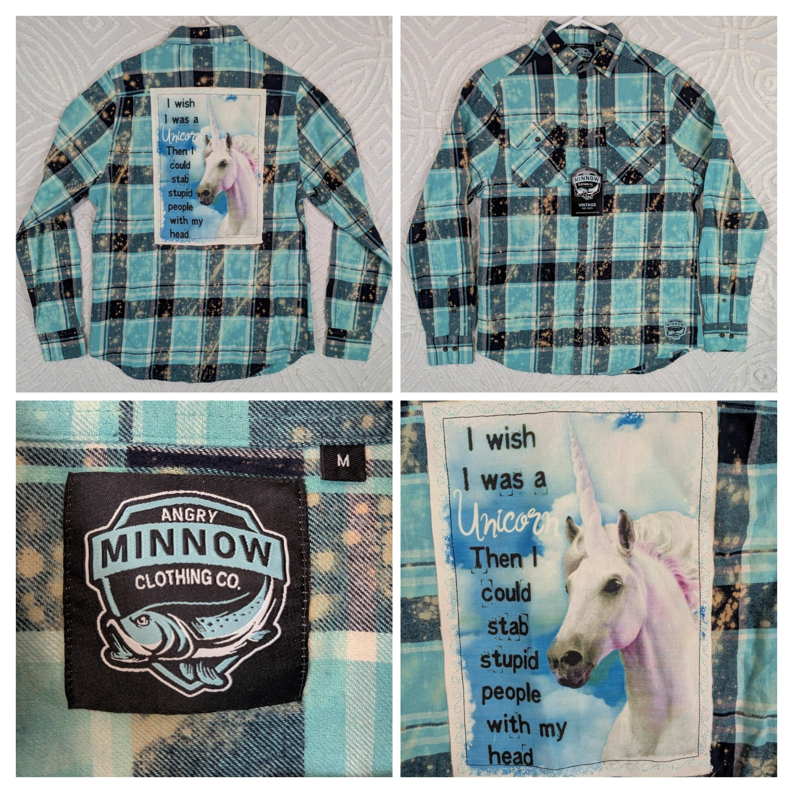 New Angry Minnow Vintage Plaid Flannel Shirt Men\'s M Unicorn Button Up Bleach New Angry Minnow Vintage Plaid Flannel Shirt Men\'s M Unicorn Button Up Bleach