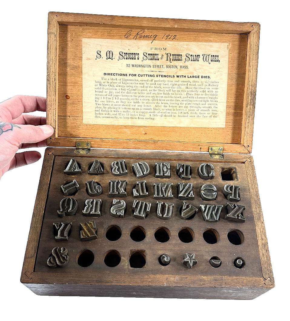 RARE Antique c. 1900 S.M. Spencer Sign Die Punch Stencil Alphabet Set Boston MA