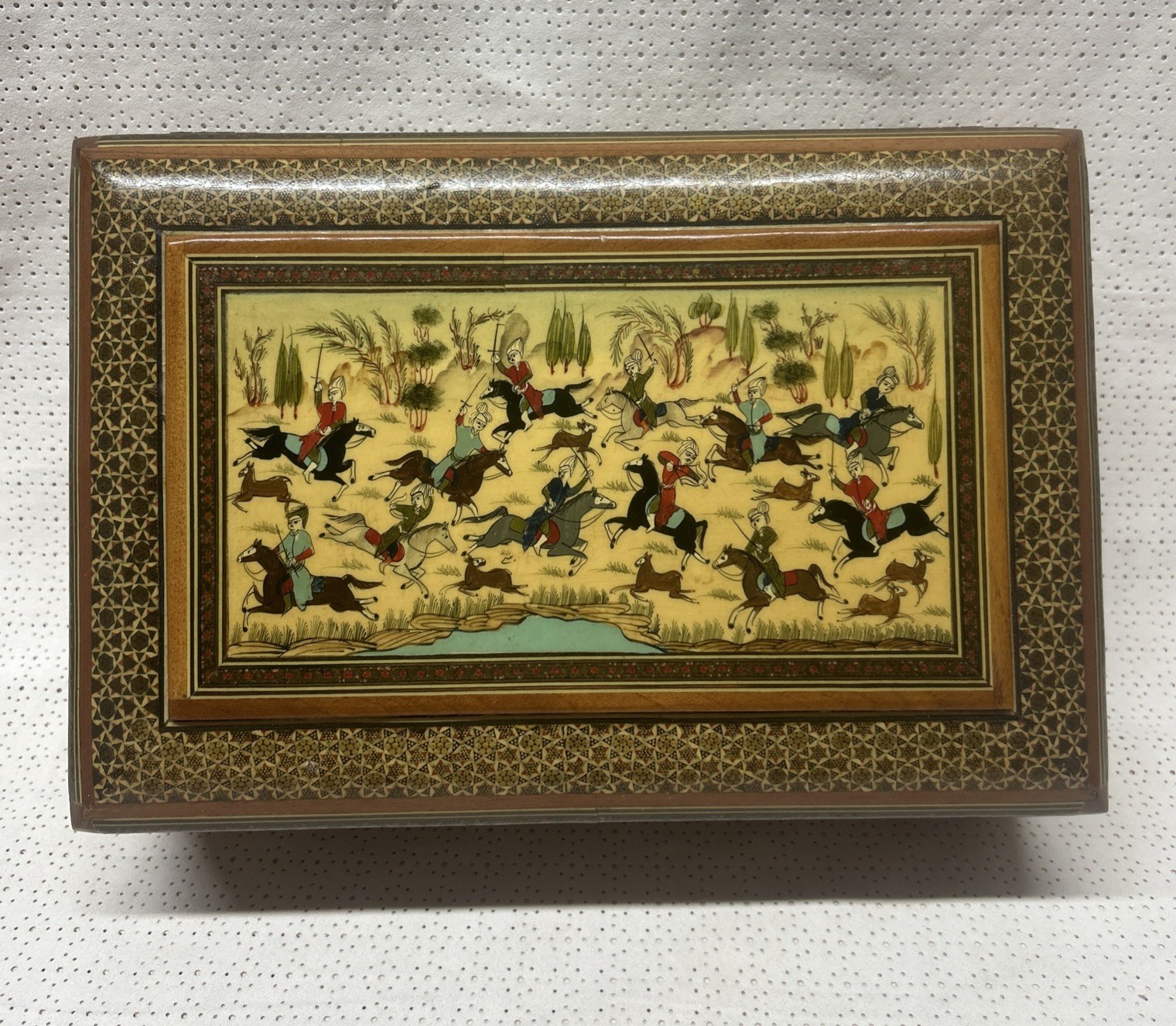 VTG Persian Khatam Large Handmade Inlaid “ Hunting Scene “ Jewelry Trinket Box