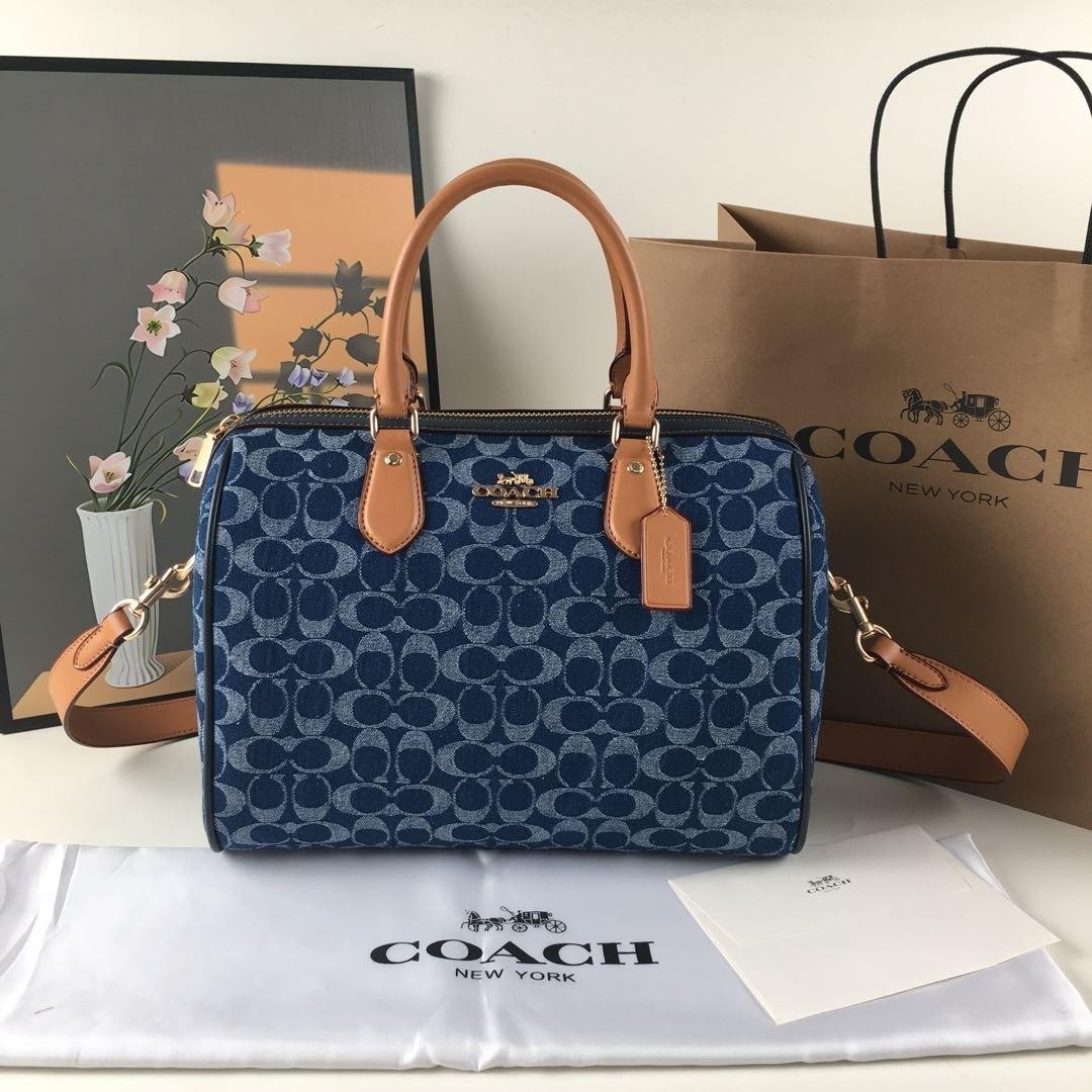 COACH CY699 Rowan Large Satchel Bag Signature Canvas Blue Brown Outlet New COACH CY699 Rowan Large Satchel Bag Signature Canvas Blue Brown Outlet New