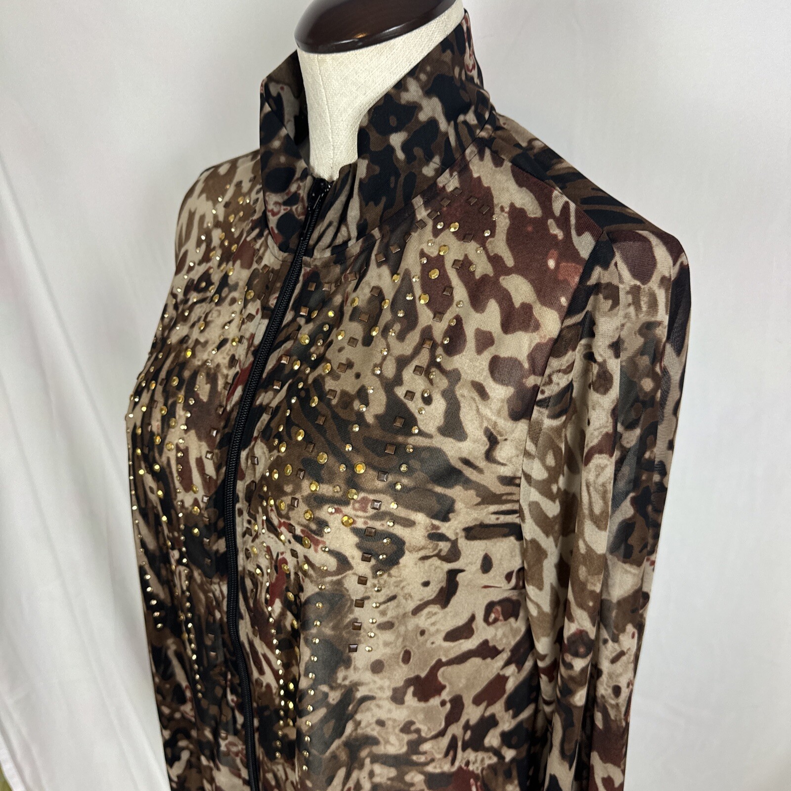 NEW Chico\'s Travelers Jacket Sz 1, MEDIUM 8 Animal Gold Studded Zipper Sheer