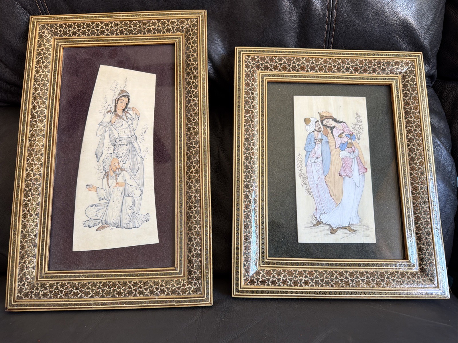 Antique Set Of Arabic Motive Painting Selulloid Bonn Panel With Wood/bonn Frame