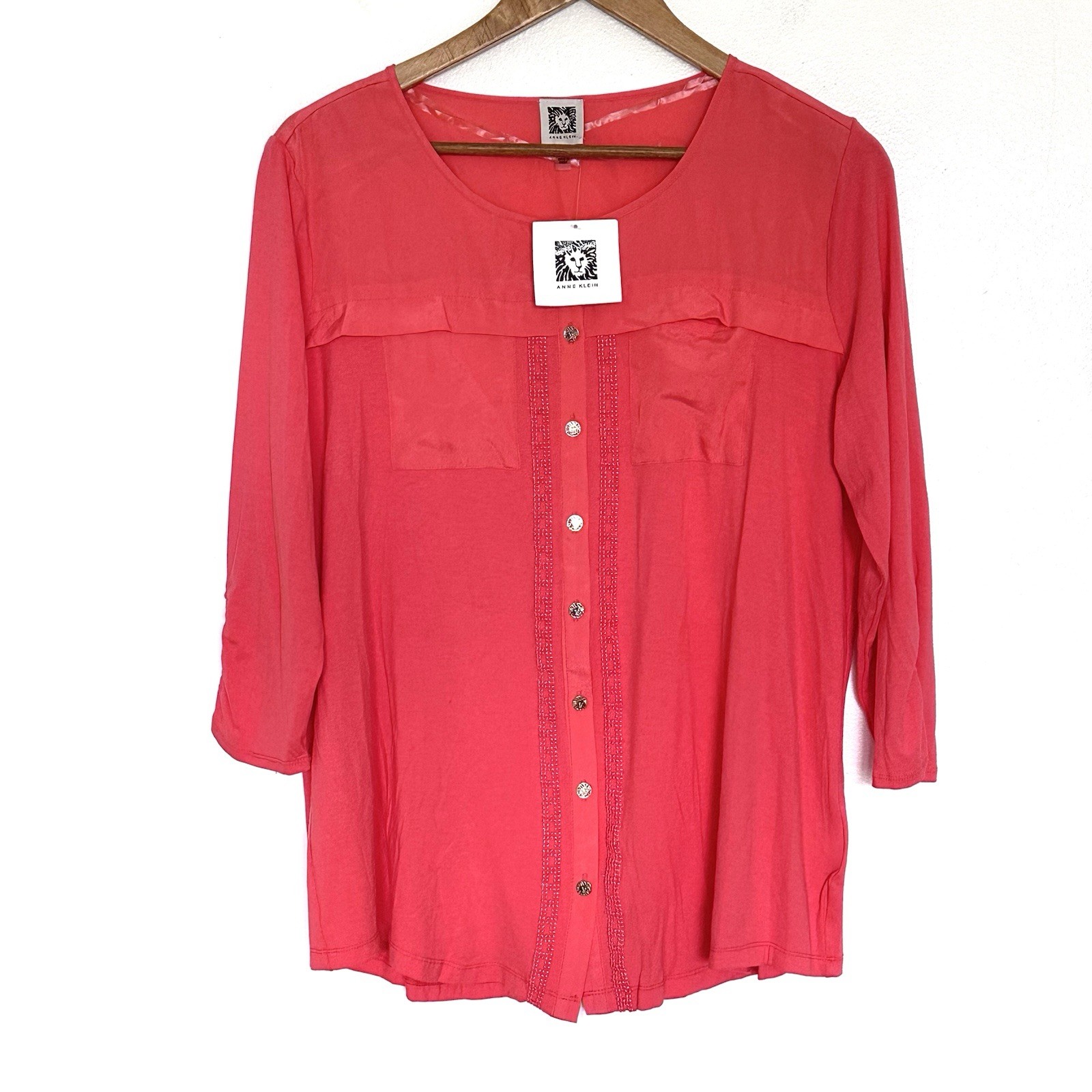NWT Anne Klein Shirt Women’s XL Pink 3/4 Sleeve Button Down Blouse Top NWT Anne Klein Shirt Women’s XL Pink 3/4 Sleeve Button Down Blouse Top
