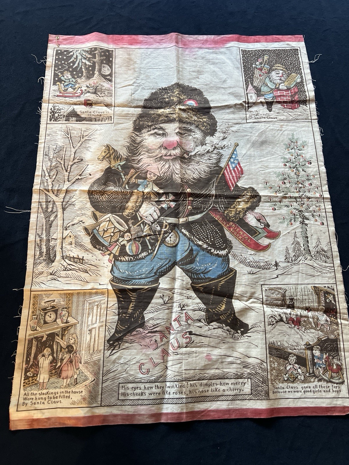 Antique 1868 Santa Claus Christmas Linen Oriental Print Works, Edward Peck