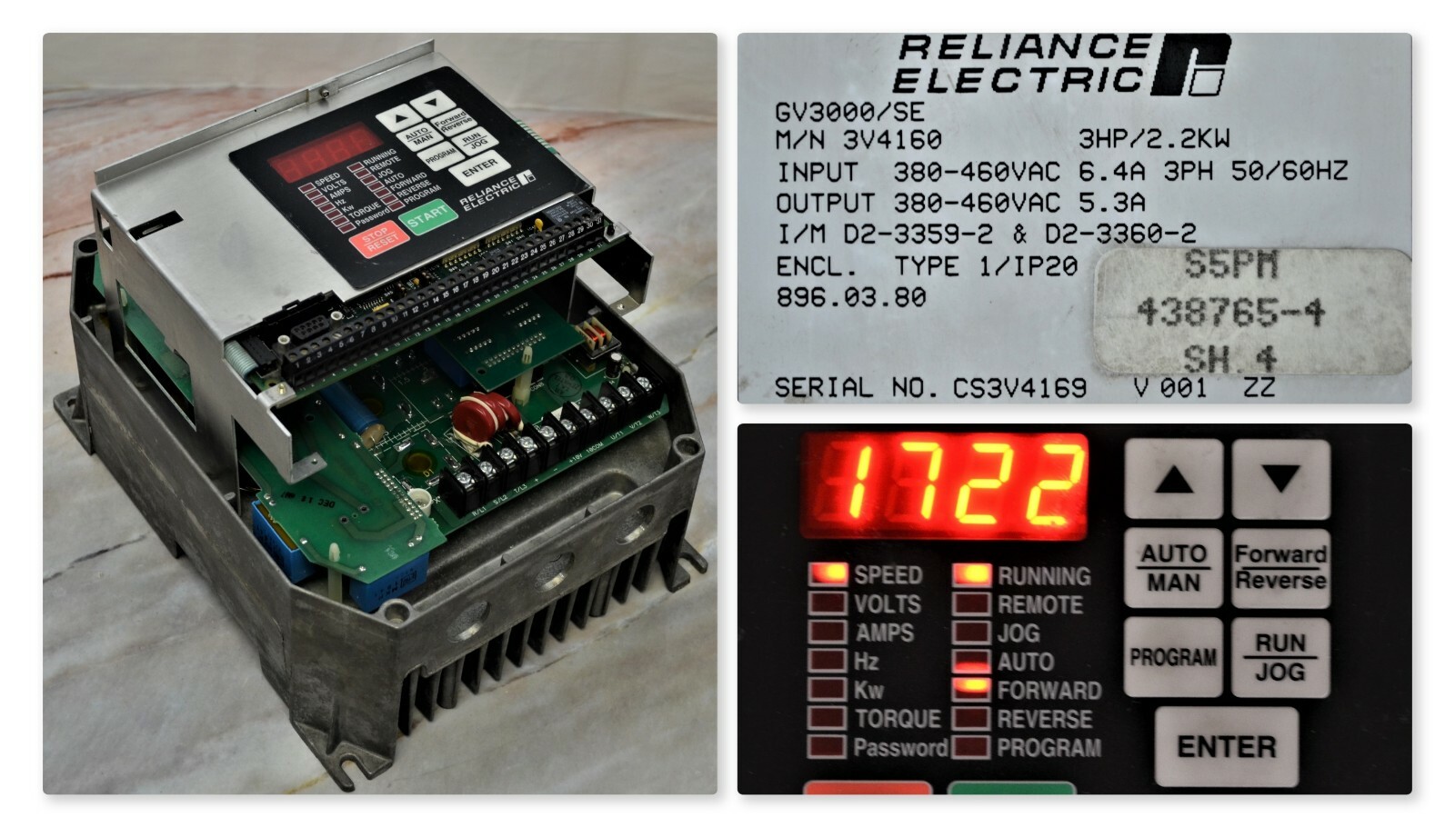 RELIANCE ELECTRIC GV3000/SE 3 HP 3V4160 VER 6.01 INVERTER TESTED GOOD NO COVER 