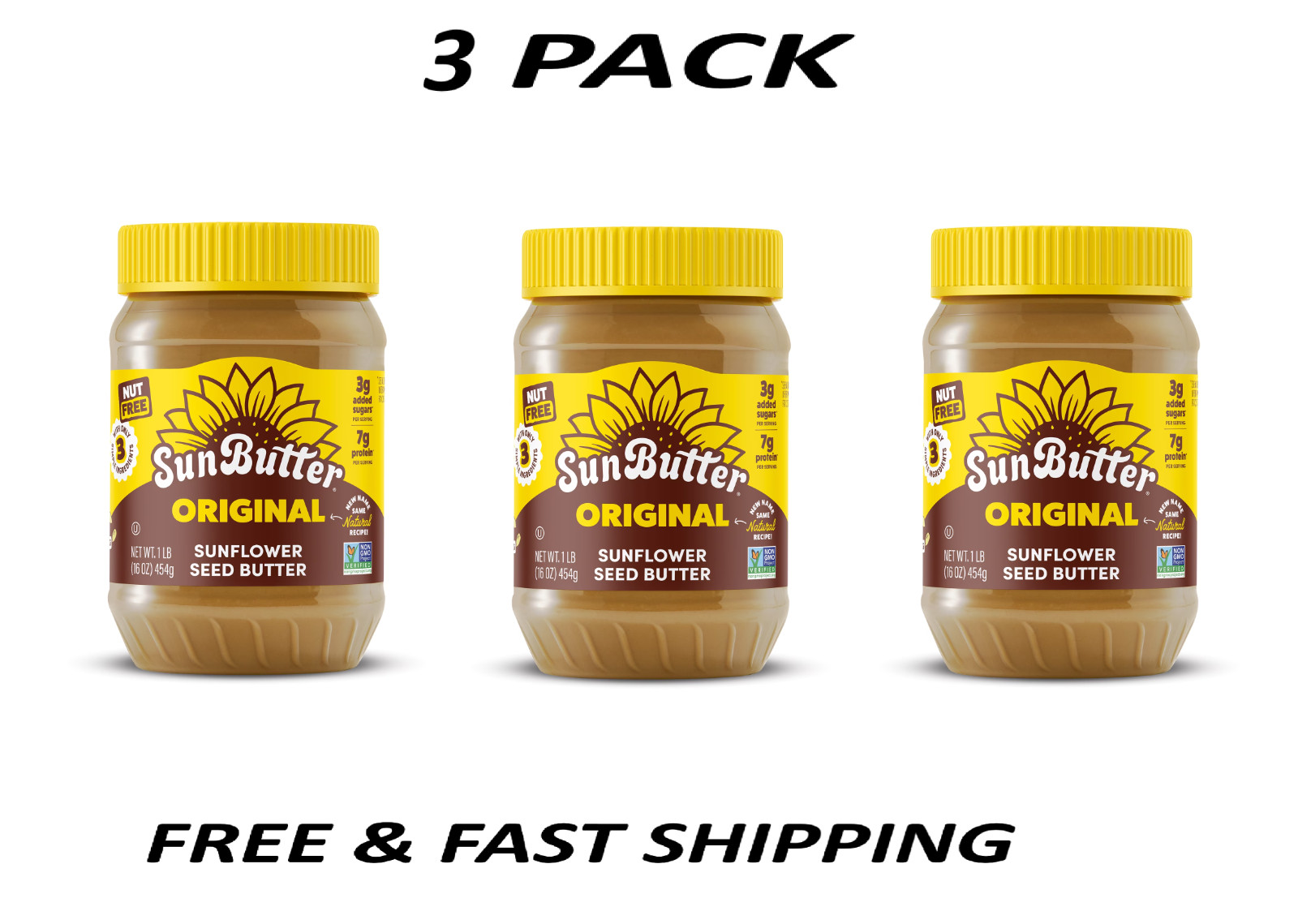 (3 PACK) SunButter Original Sunflower Seed Butter 16 oz Jar.