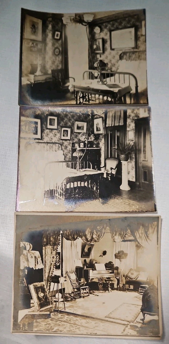 1890s antique 3 PHOTOGRAPHS victorian HOME INTERIOR parlor, Bedroom, Decorations