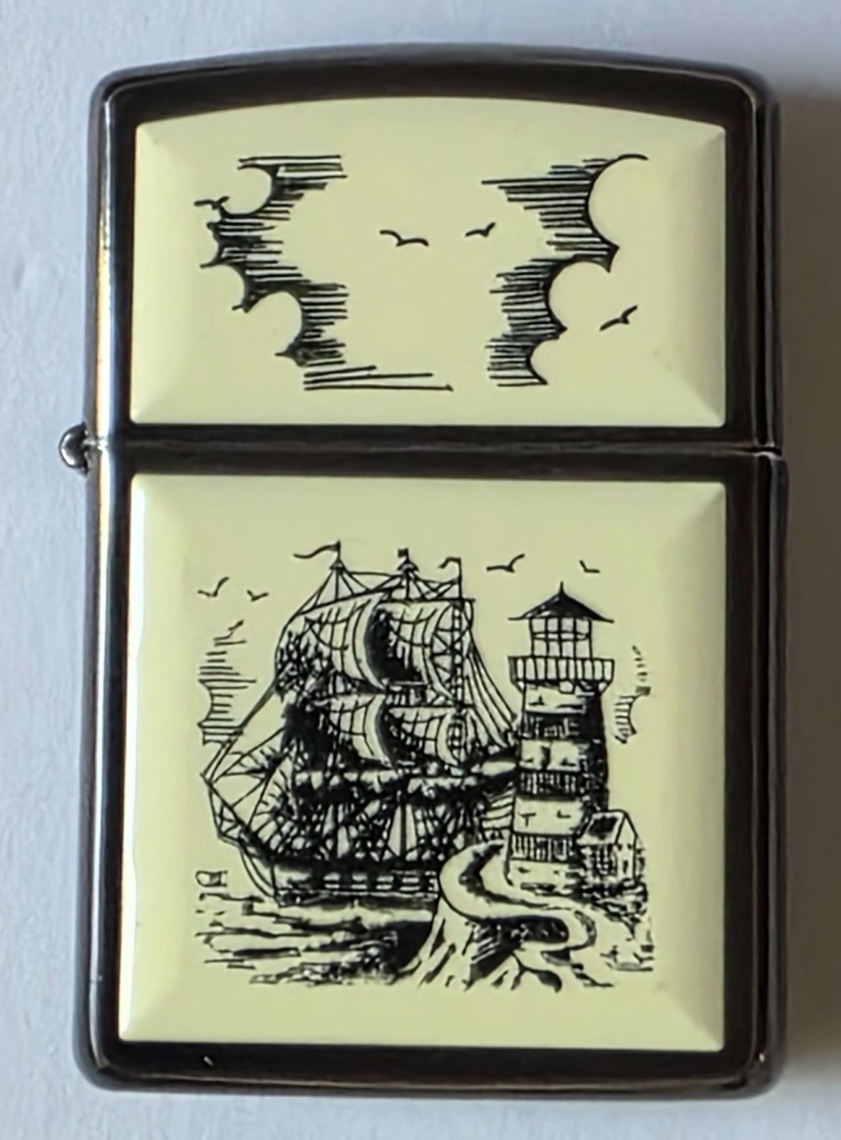 1992 Vintage Fired Zippo Scrimshaw like Lighthouse With Ship Lighter No Case