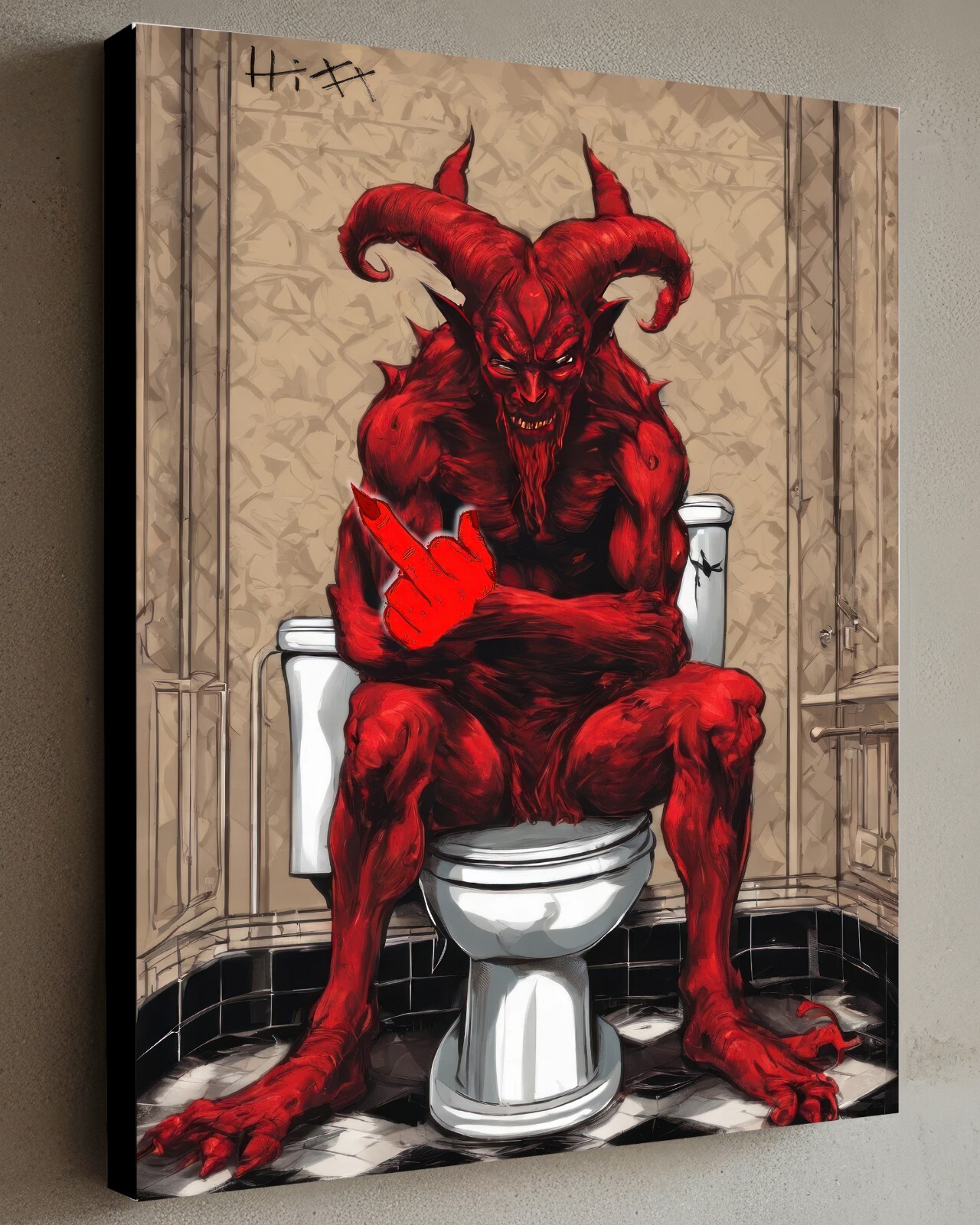 Satan Red Devil On The Toilet 40x30CM painting HITT Signed Art w/COA 