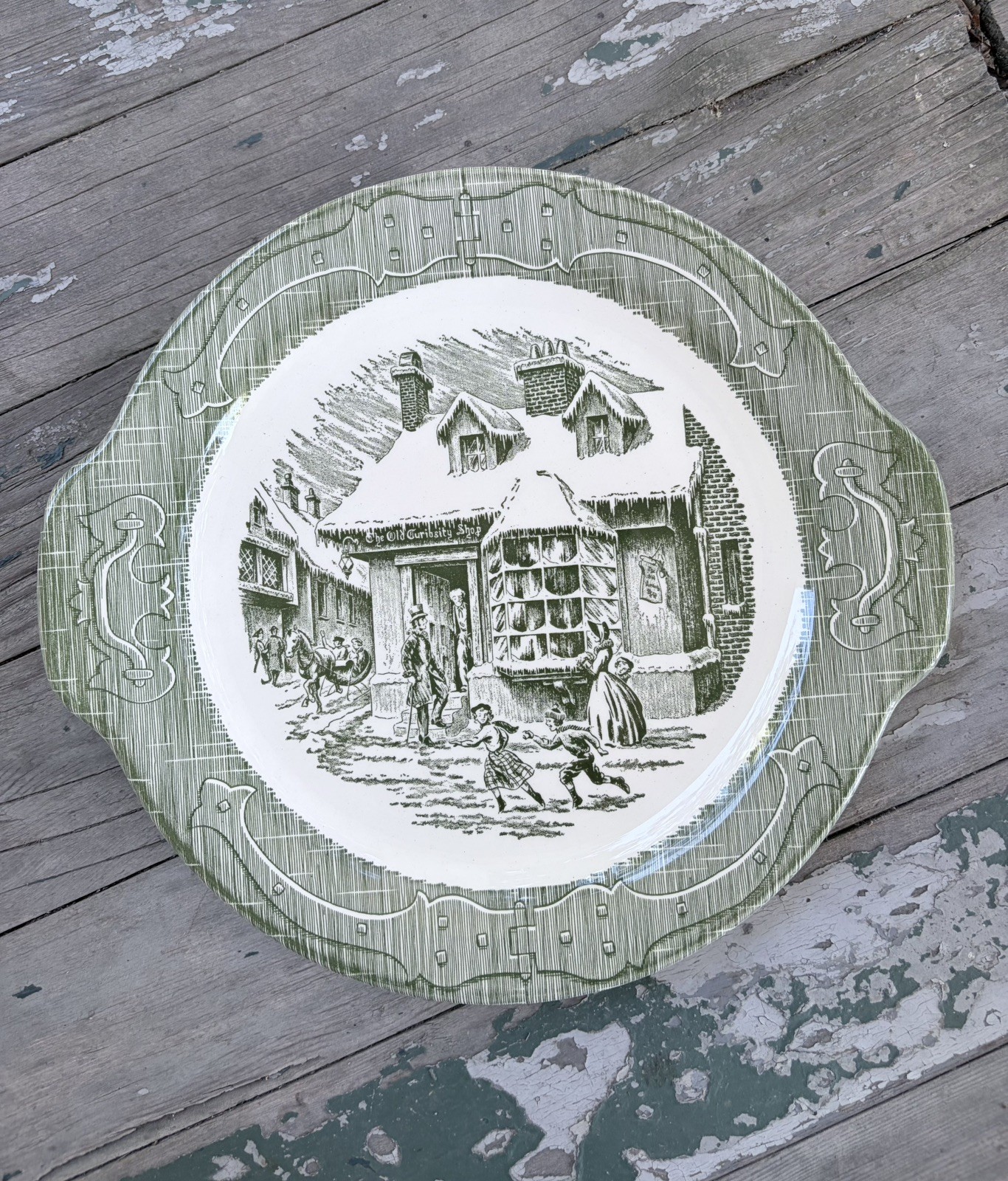 Vintage Royal China The Old Curiosity Shop serving platter 12” w/handles green Vintage Royal China The Old Curiosity Shop serving platter 12” w/handles green