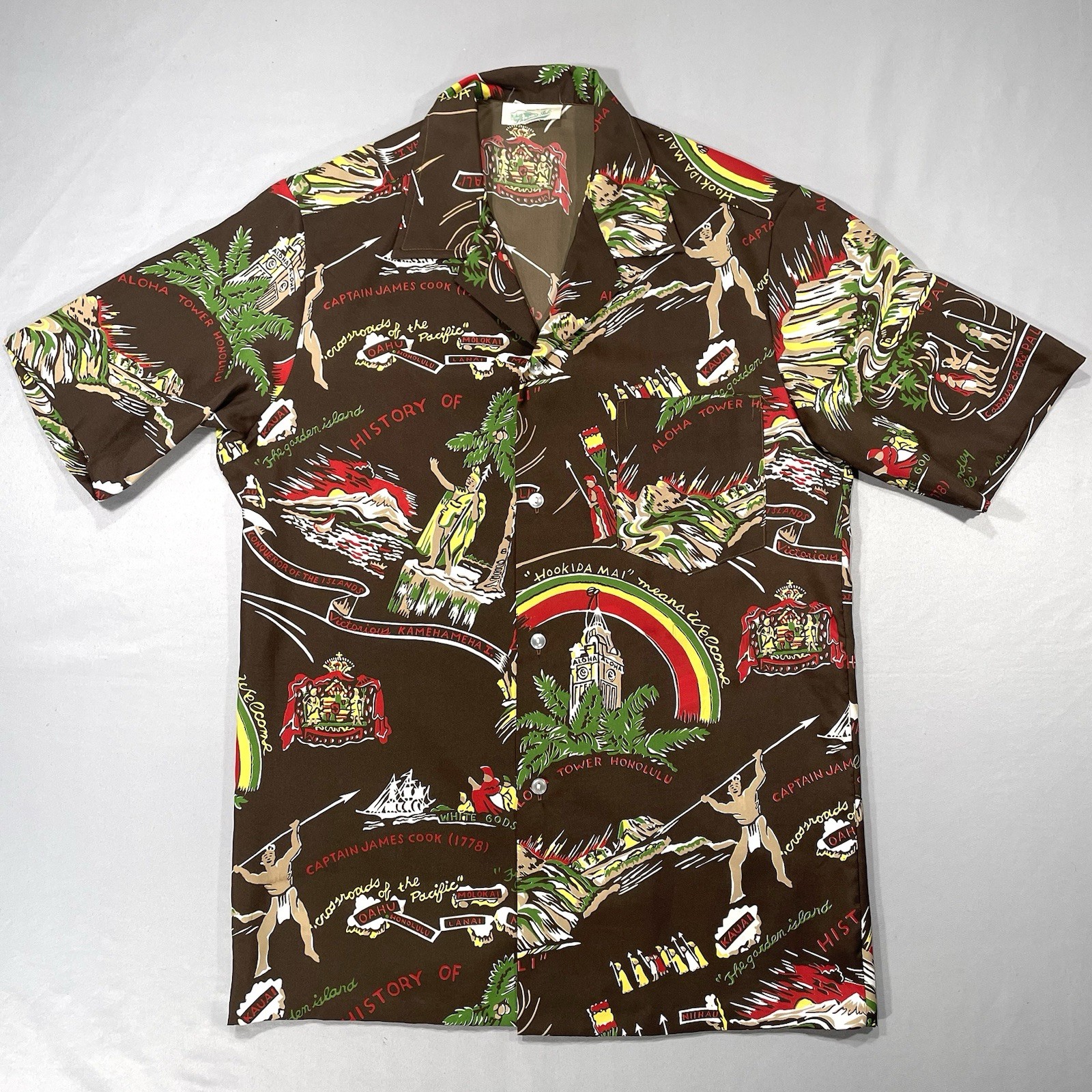 RARE True VTG 50/60s Paradise Isle History Of The Islands Hawaiian Shirt, READ