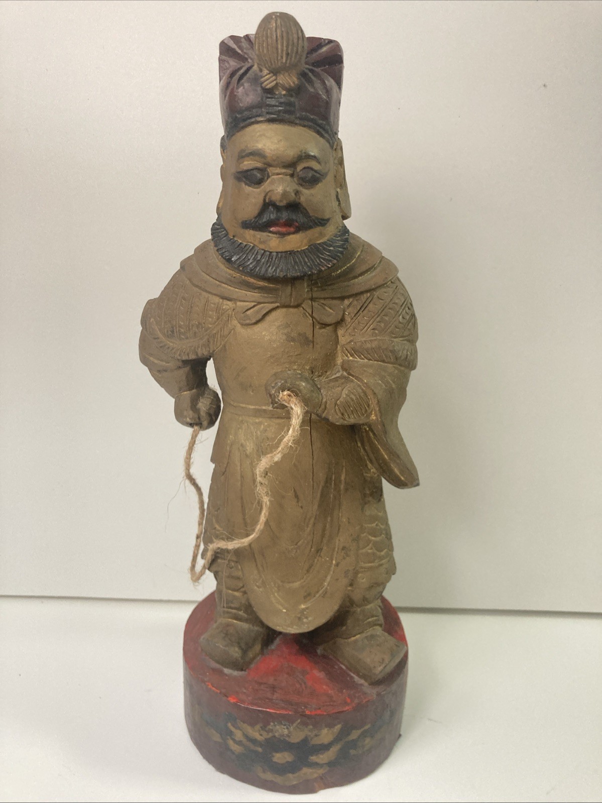 Antique Chinese Poly-chrome Carved Painted Wood Figure Temple Statue signed